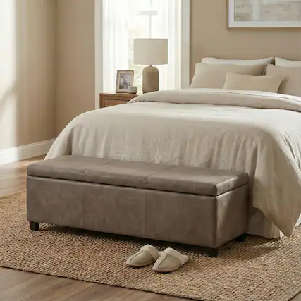 Front. Simpli Home - Avalon Storage Ottoman Bench - Distressed Smoky Grey Brown.