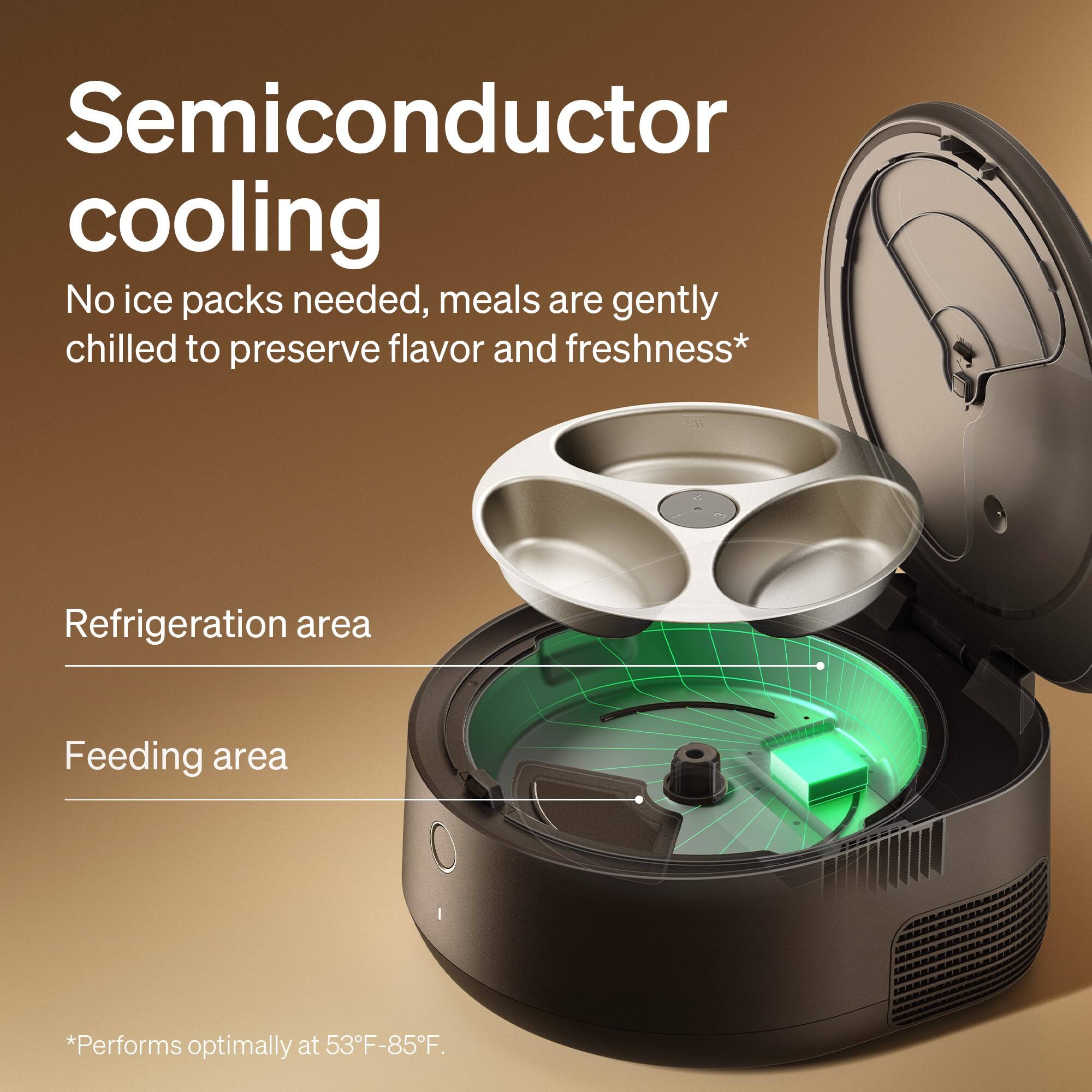 Semiconductor cooling: No ice packs needed, meals are gently chilled to preserve flavor and freshness. Refrigeration area. Feeding area. Performs optimally at 53F-85F.