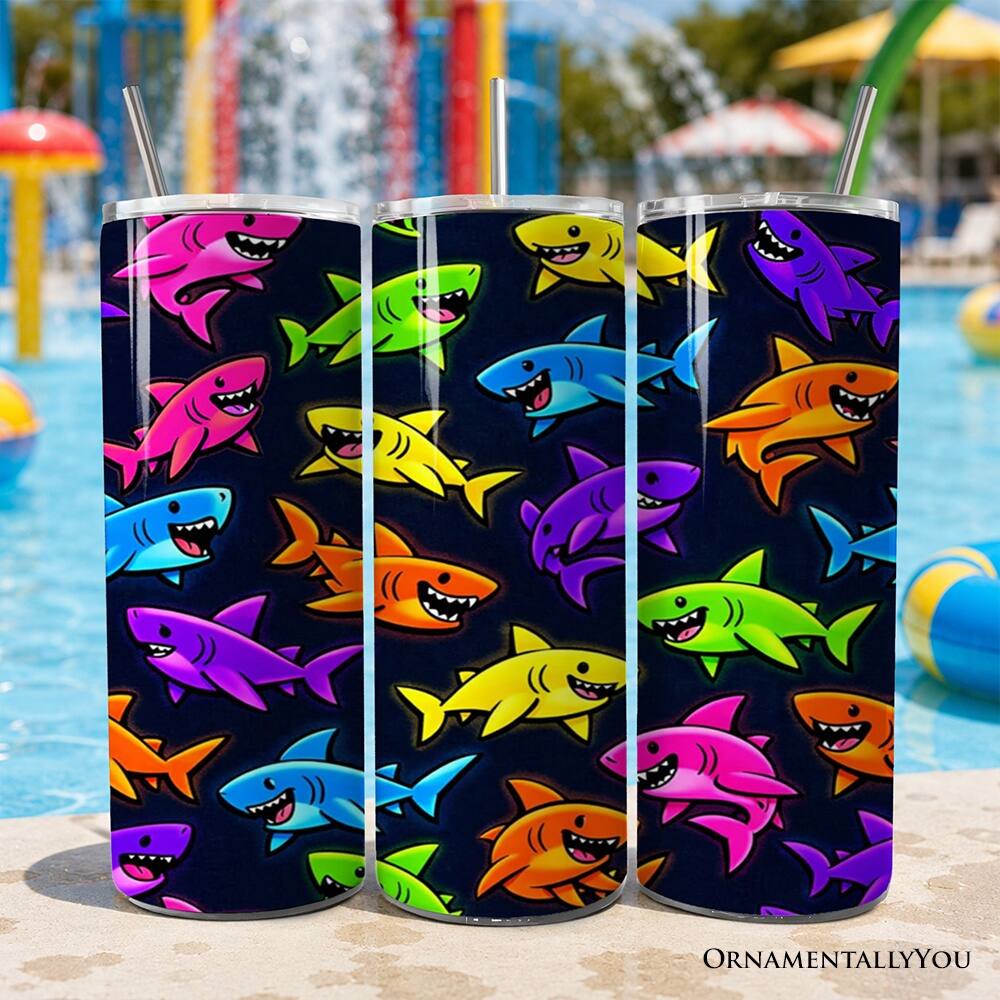 Left. OrnamentallyYou - Neon Cartoon Shark Pattern 20oz Tumbler With Lid and Stainless Steel Straw - Multicolored.