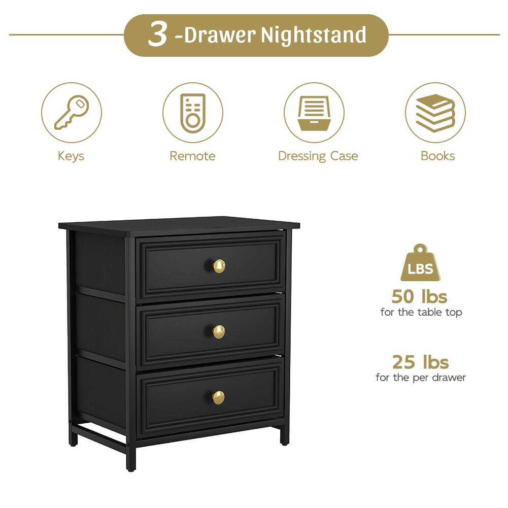 3-Drawer Nightstand

Keys
Remote
Dressing Case
Books

LBS
50 lbs for the table top
25 lbs for the per drawer