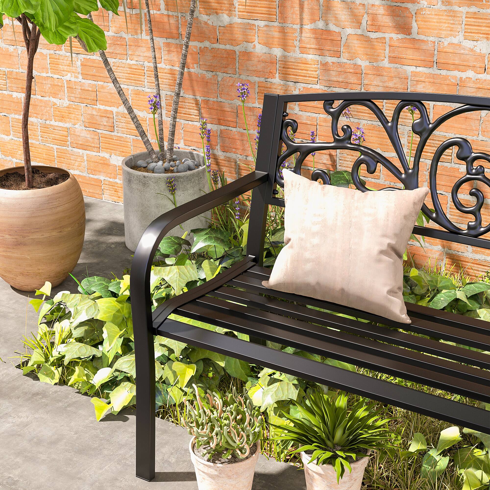 Alt View 8. Outsunny - 50" Outdoor Bench, Metal Garden Bench with Floral Pattern Backrest, Porch Bench with Slatted Seat for Park, Yard, Lawn - Black.