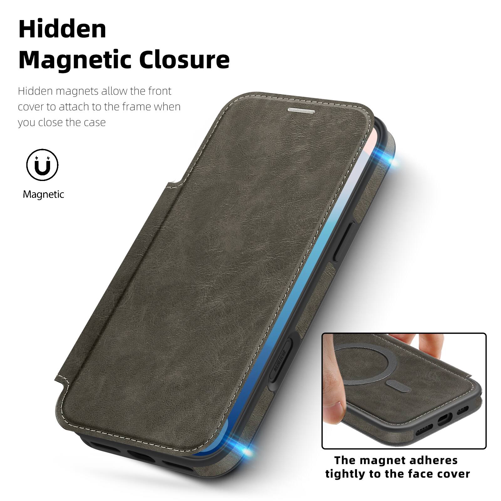 Hidden Magnetic Closure  
Hidden magnets allow the front cover to attach to the frame when you close the case  

Magnetic  
The magnet adheres tightly to the face cover