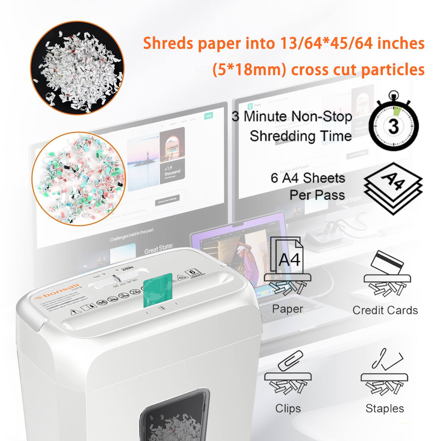 Shreds paper into 13/64*45/64 inches (5*18mm) cross cut particles

3 Minute Non-Stop Shredding Time

6 A4 Sheets Per Pass

Paper Credit Cards Clips Staples
