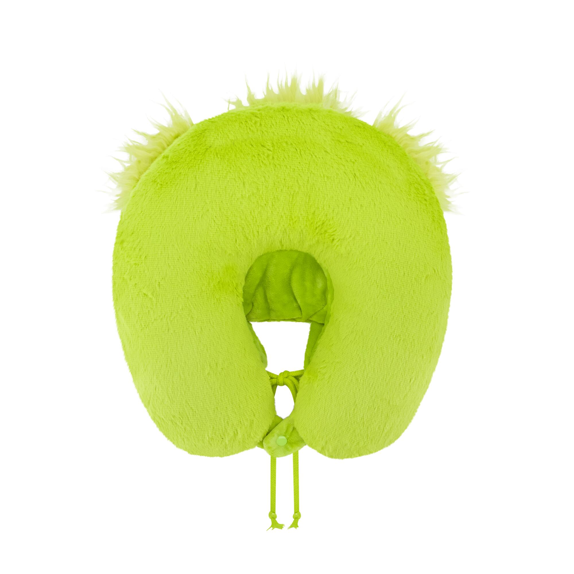 Left. Concept One - Grinch Face Hooded Fur Neck Pillow - GREEN.