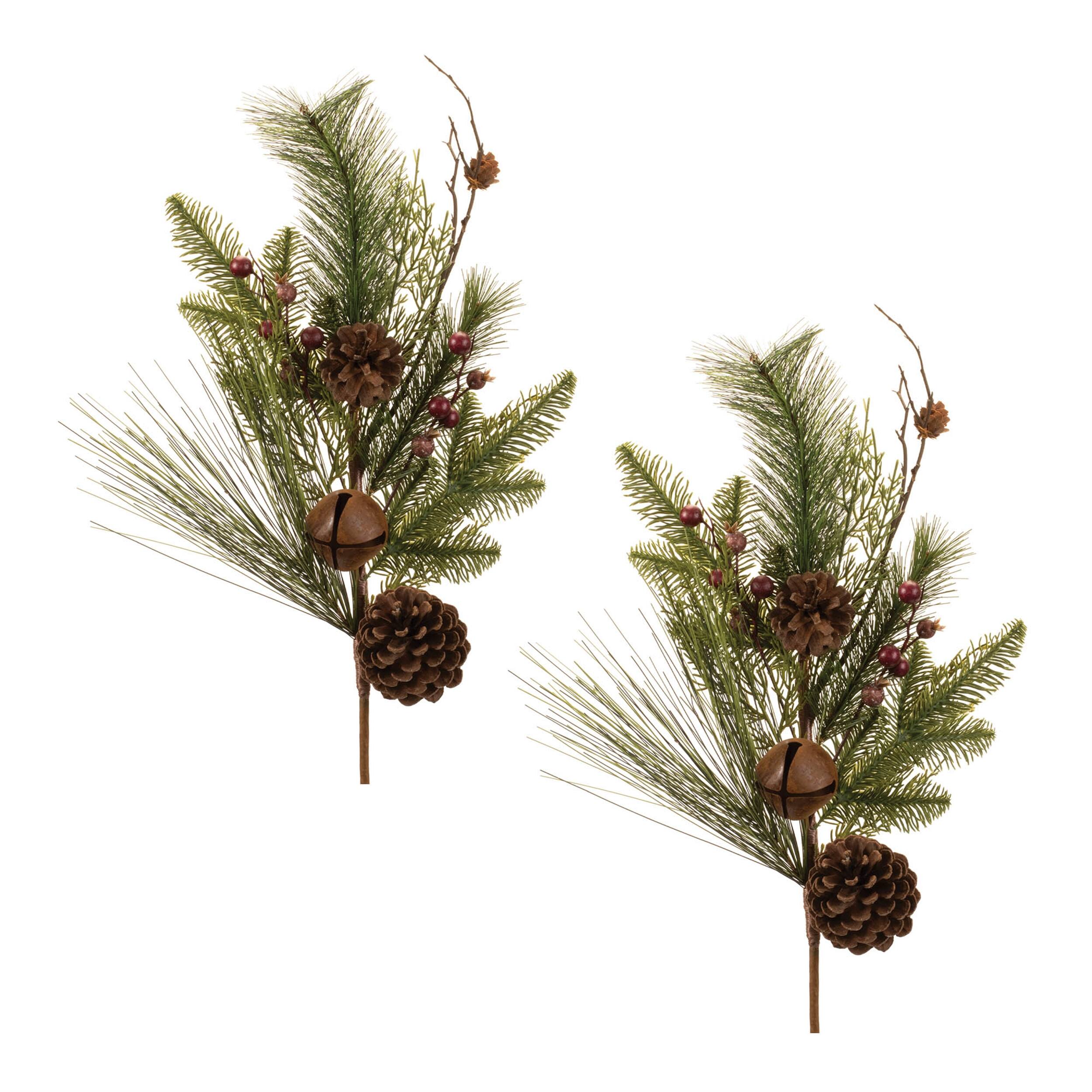 Left. BreeBe - Pine and Sleigh Bell Spray (Set of 2) - Green, Brown.