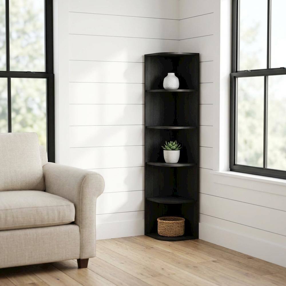 Angle. FurniFact - 5-Tier Corner Open Shelf Bookcase with Spacious Storage - Blackwood.