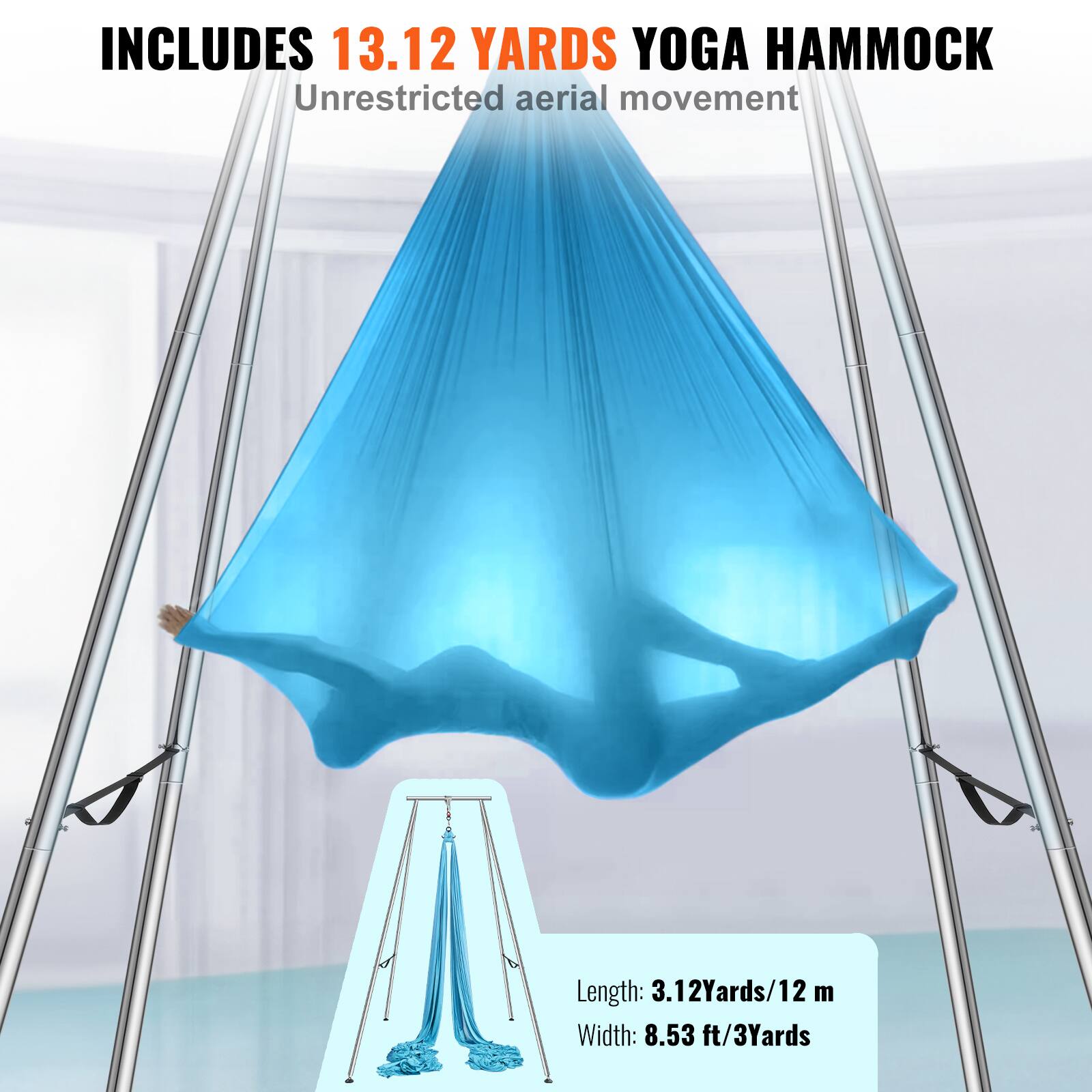 INCLUDES 13.12 YARDS YOGA HAMMOCK  
Unrestricted aerial movement  

Length: 3.12 Yards/12 m  
Width: 8.53 ft/3 Yards