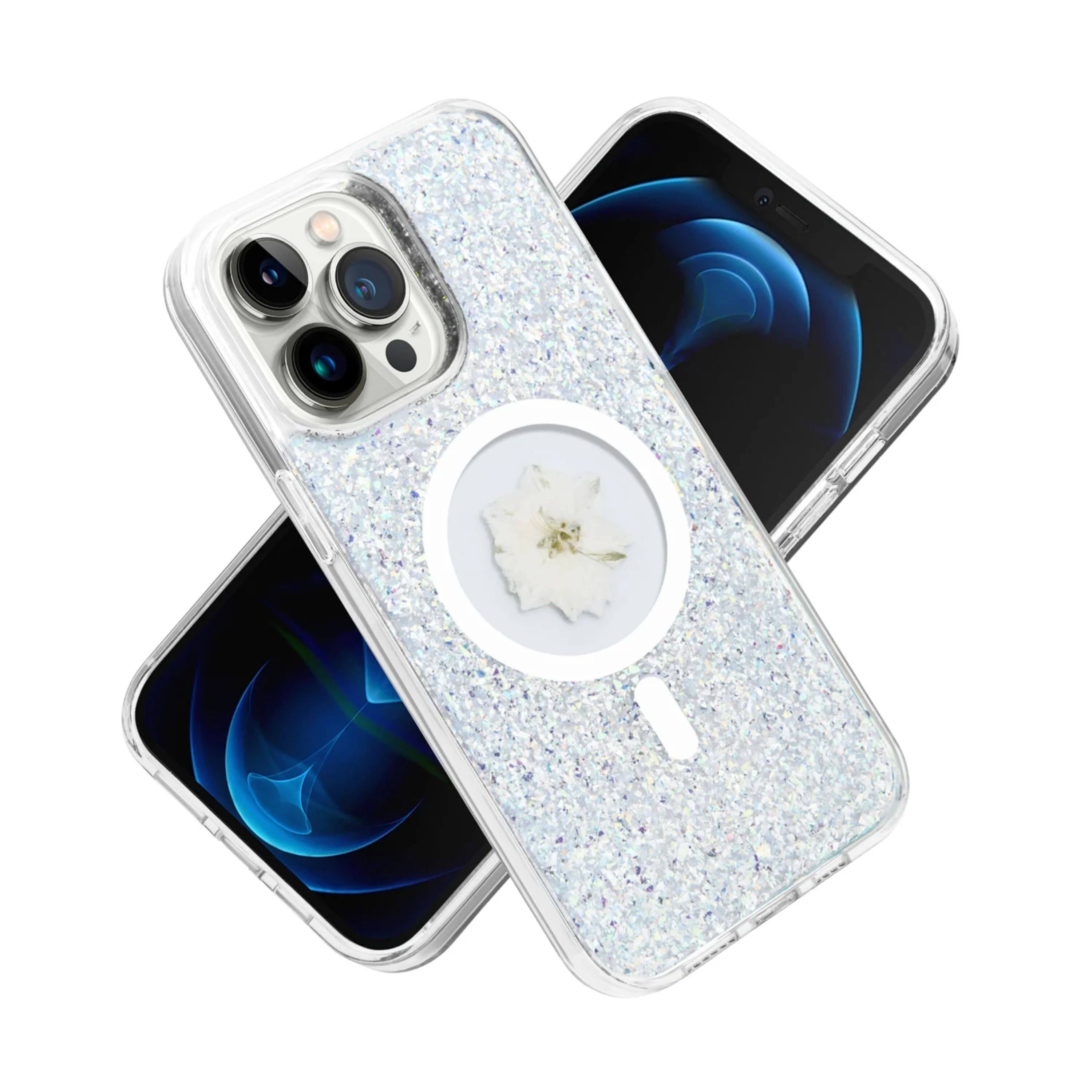 Left. Kitcheniva - Glitter Hybrid Epoxy Real Flower Phone Case With 2 Pcs Screen Protectors For iPhone 15 Pro Max Silver - Silver.