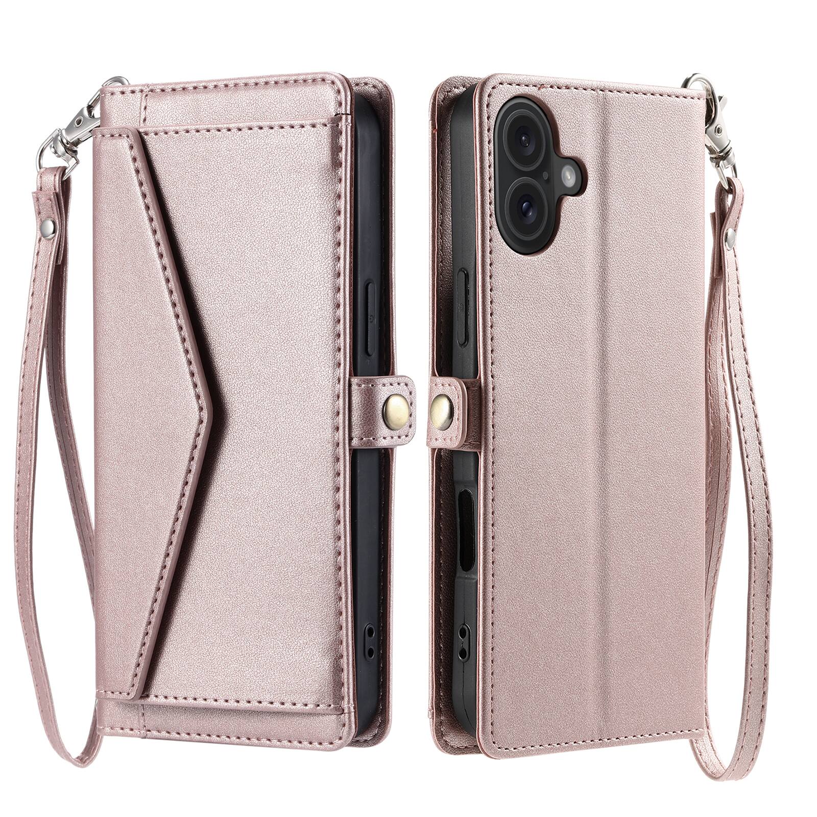 Alt View 5. Dteck - Foilo Wallet Case for Apple iPhone 17,Shockproof Card Holder PU Leather Magnetic Snap Phone Cover with Lanyard - Rosegold.