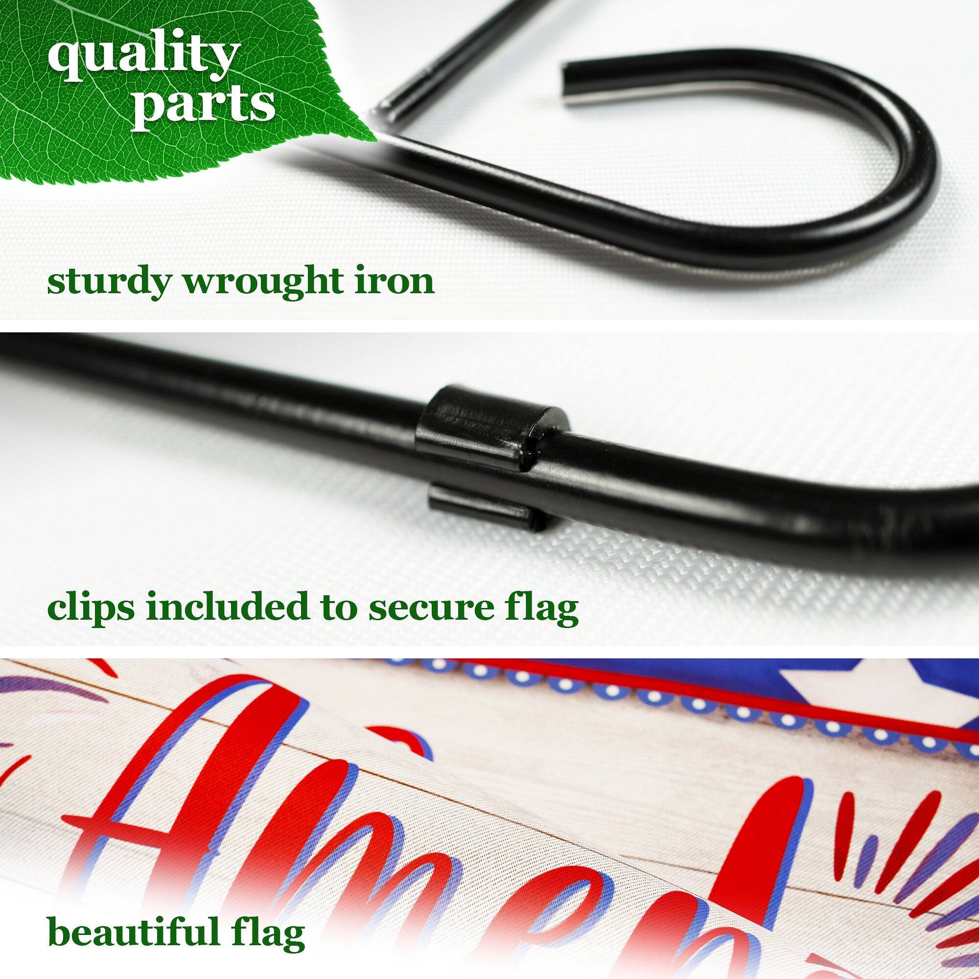 - quality parts
- sturdy wrought iron
- clips included to secure flag
- beautiful flag