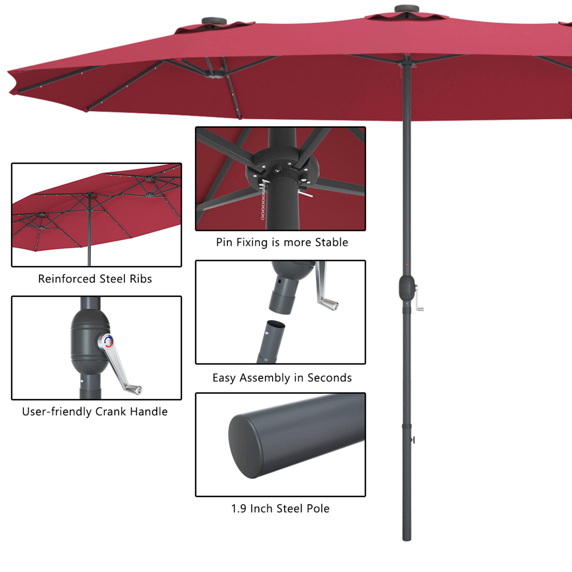 - Pin Fixing is more Stable
- Reinforced Steel Ribs
- User-friendly Crank Handle
- Easy Assembly in Seconds
- 1.9 Inch Steel Pole