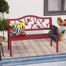 Hivvago - Steel Frame Outdoor Patio Garden Bench with Bird Branch Pattern Backrest - Red