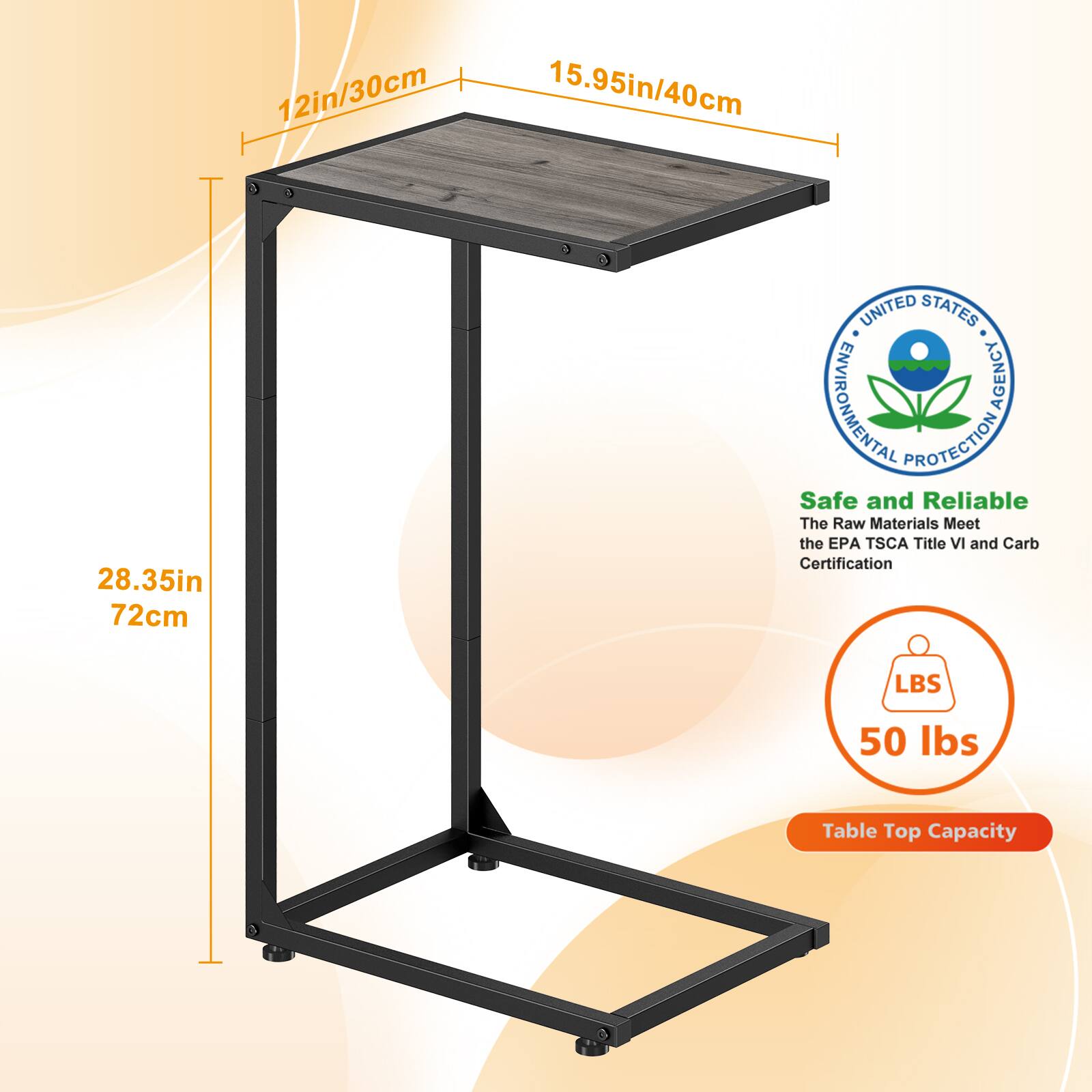 12in/30cm  
15.95in/40cm  
28.35in/72cm  

UNITED STATES ENVIRONMENTAL AGENCY PROTECTION  

Safe and Reliable  
The Raw Materials Meet the EPA TSCA Title VI and Carb Certification  

LBS 50 lbs  
Table Top Capacity