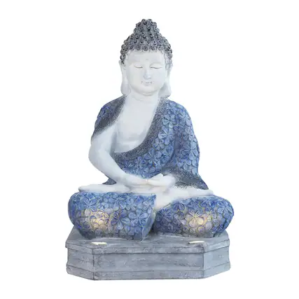 Front. Techko - Outdoor Solar Meditating Buddha with Integrated LED Spotlight.
