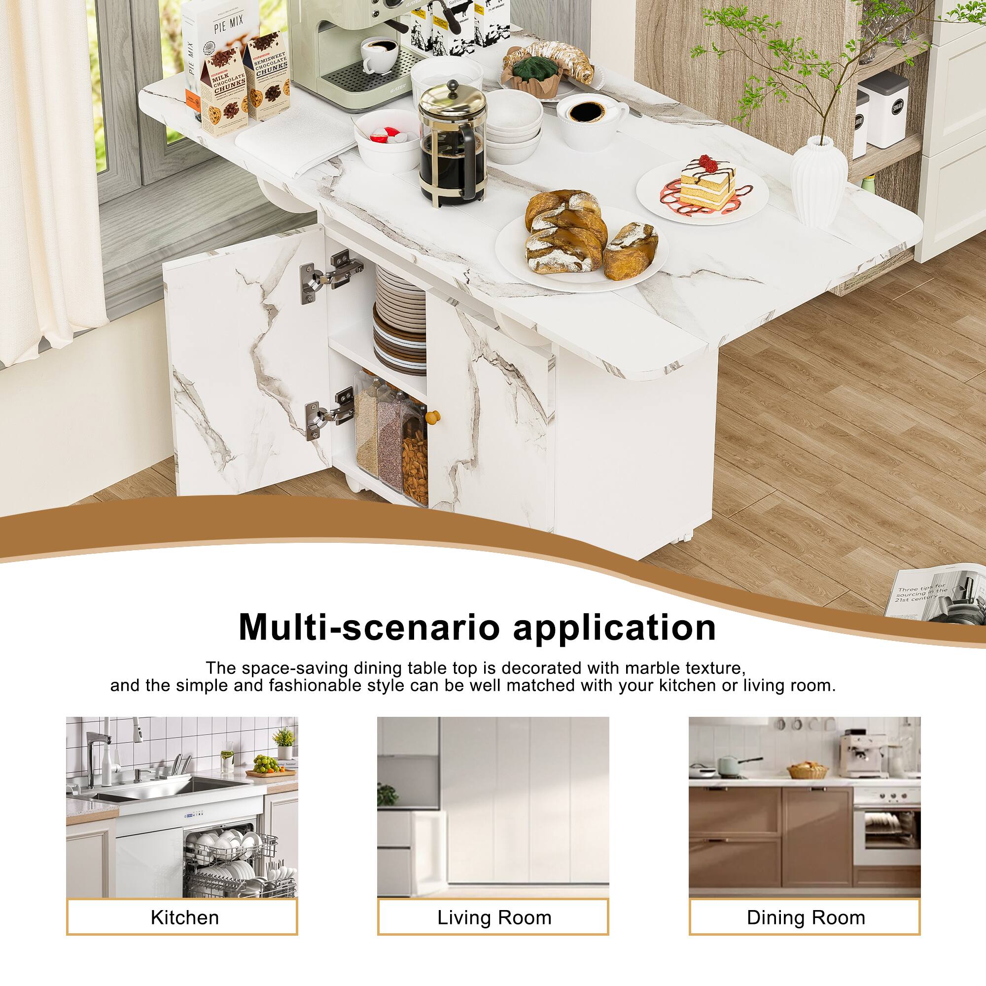 Multi-scenario application

The space-saving dining table top is decorated with marble texture, and the simple and fashionable style can be well matched with your kitchen or living room.

Kitchen  
Living Room  
Dining Room