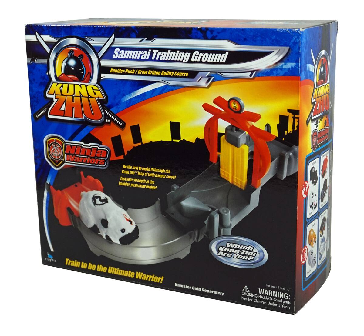 Samurai Training Ground  
Boulder-Push / Draw Bridge Agility Course  

KUNG ZHU™  
Ninja Warriors  

Be the first to make it through the "Kung Zhu" leap of faith danger curve!  
Test your strength at the boulder-push draw bridge!  

Train to be the Ultimate Warrior!  

Which Kung Zhu Are You?  

Hamster Sold Separately  

WARNING: CHOKING HAZARD - Small parts. Not for children under 3 years.