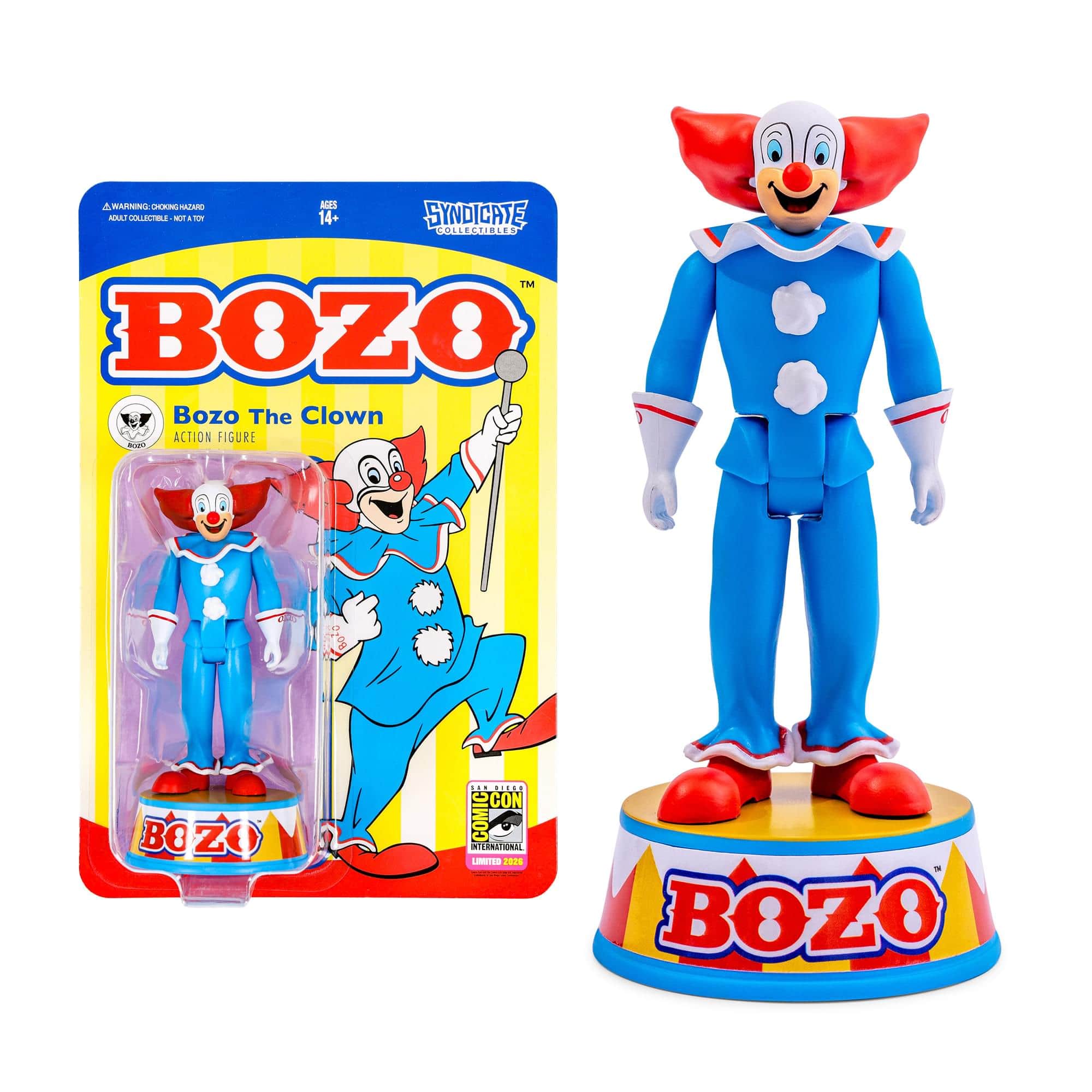 Syndicate Collectibles - Bozo The Clown 3.75-Inch Retro Action Figure With Base - Blue