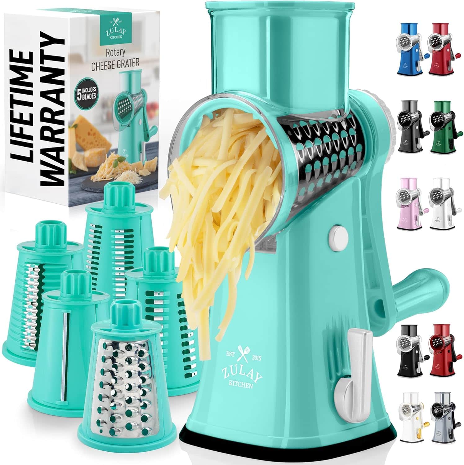 LIFETIME WARRANTY
ZULAY KITCHEN
Rotary Cheese Grater
Includes 5 Blades
EST 2015