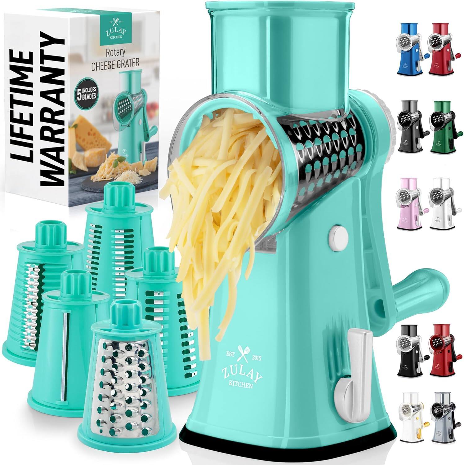 Zulay Kitchen - Rotary Cheese Grater 5 Blade Cheese Shredder with Reinforced Suction & 5 Interchangeable Drums - Teal