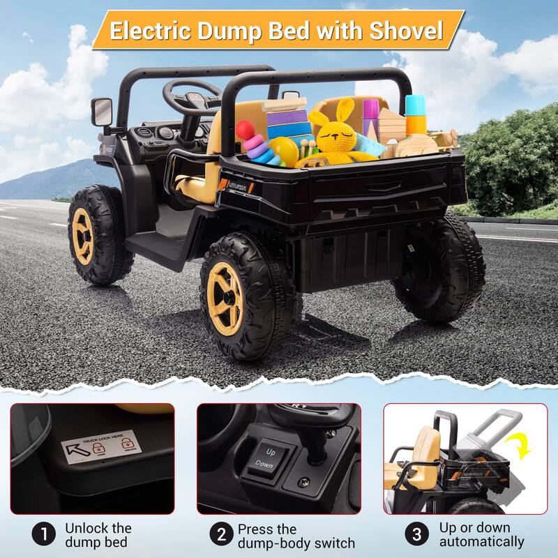 Electric Dump Bed with Shovel

1. Unlock the dump bed
2. Press the dump-body switch
3. Up or down automatically
