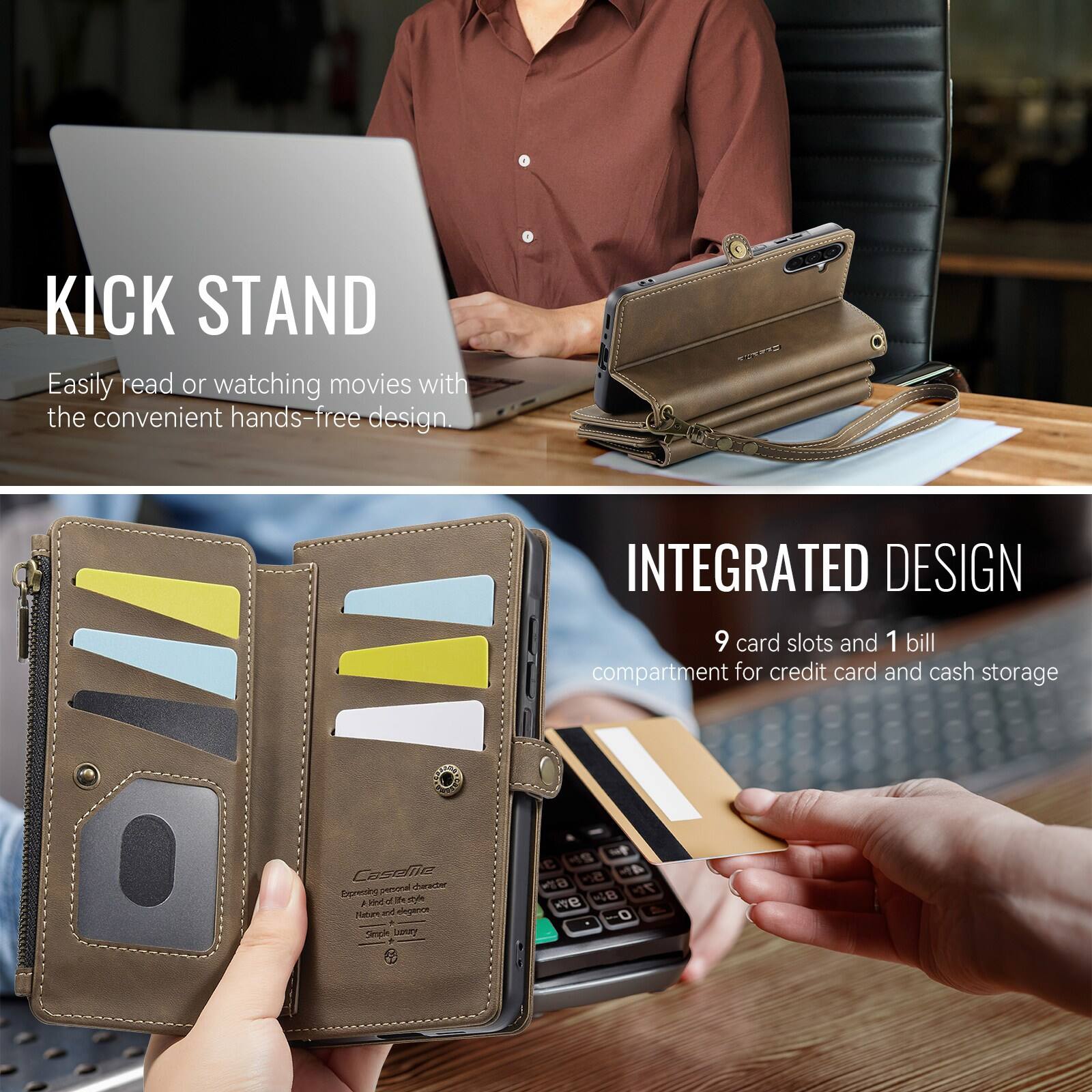 KICK STAND  
Easily read or watch movies with the convenient hands-free design.  

INTEGRATED DESIGN  
9 card slots and 1 bill compartment for credit card and cash storage