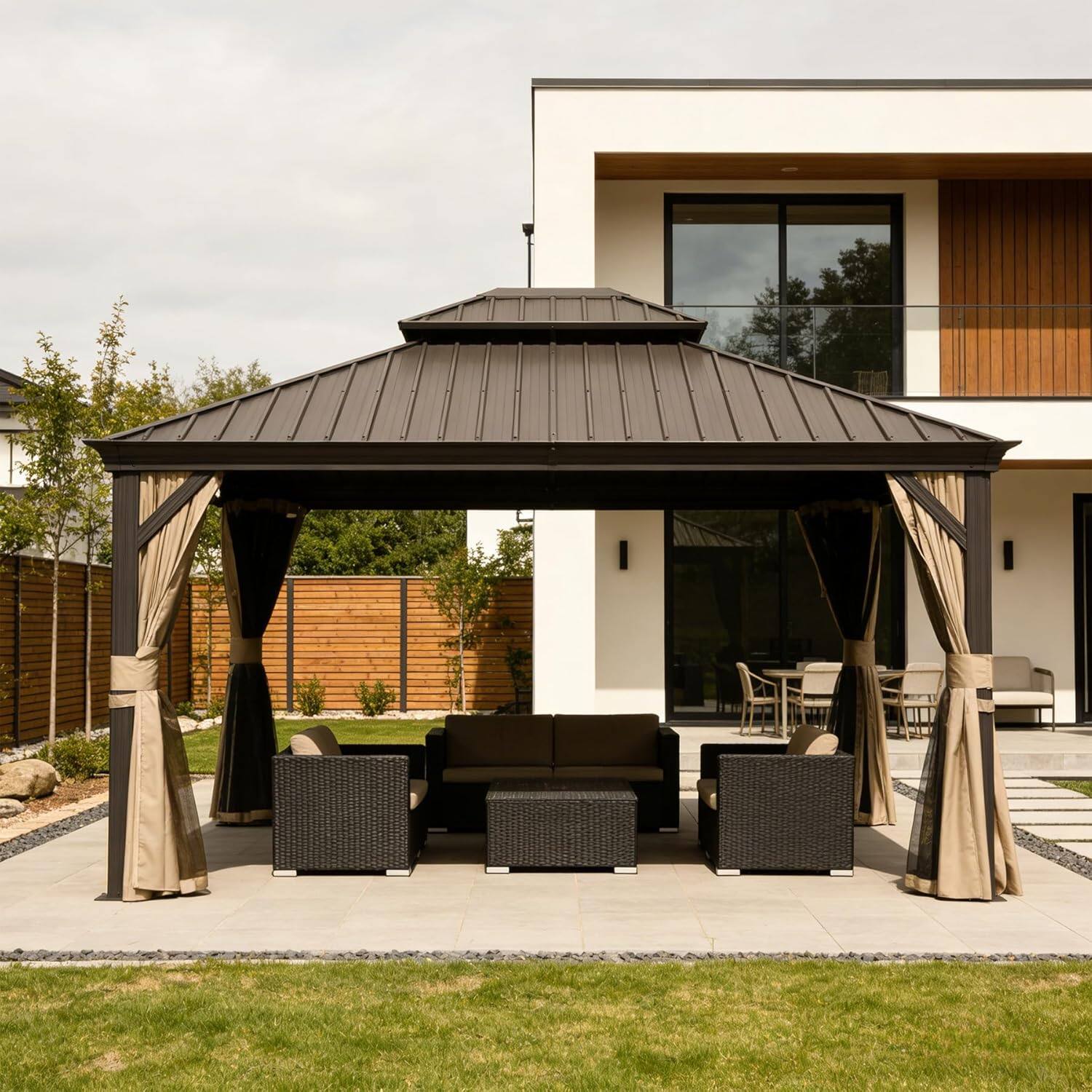 Angle. Mondawe - 11x13FT Outdoor Gazebo，Galvanized Steel Double Roof，Curtains and Netting Included - Dark Brown.