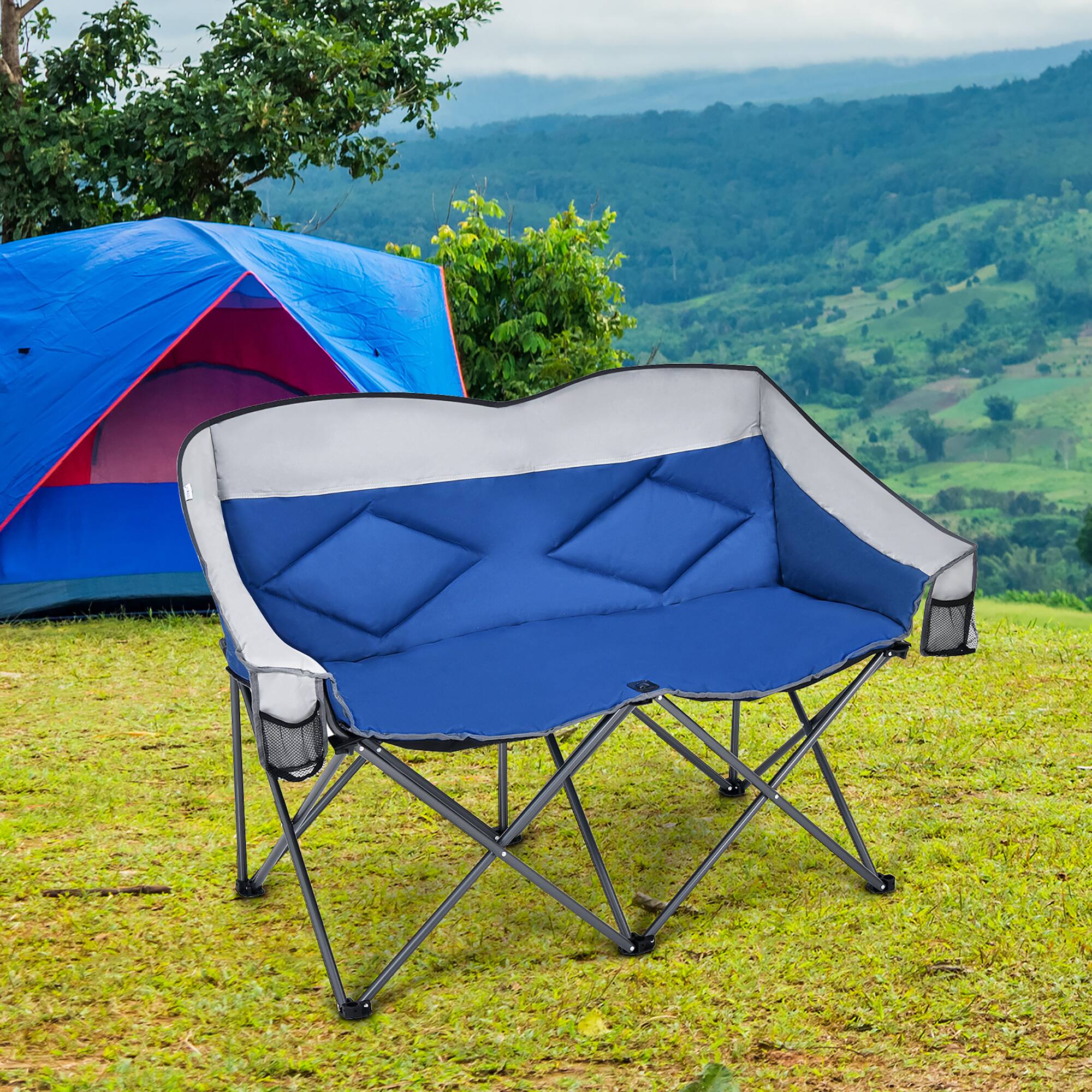 Angle. Costway - Folding Camping Chair Loveseat Double Seat w/ Bags & Padded Backrest Blue - Blue.