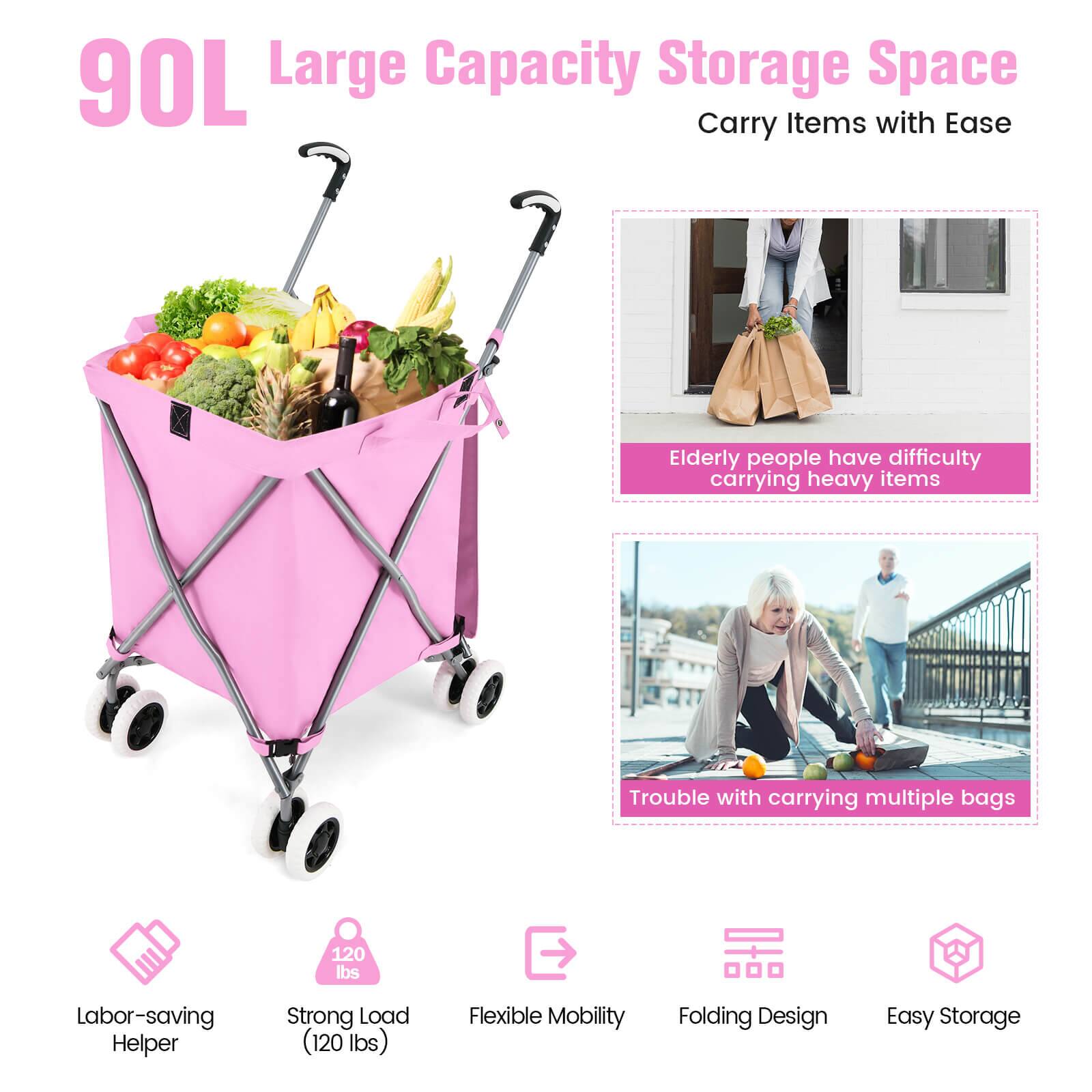 90L Large Capacity Storage Space  
Carry Items with Ease  

Elderly people have difficulty carrying heavy items  
Trouble with carrying multiple bags  

Labor-saving Helper  
Strong Load (120 lbs)  
Flexible Mobility  
Folding Design  
Easy Storage