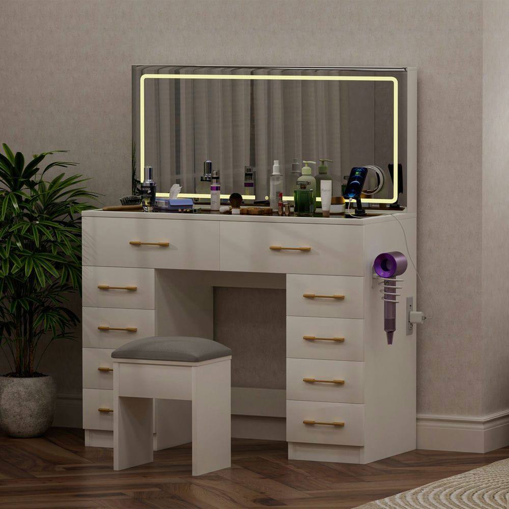 Left. Kadyn - 46-Inch Makeup Vanity with 10 Drawers, Mirror and Stool - White - White.
