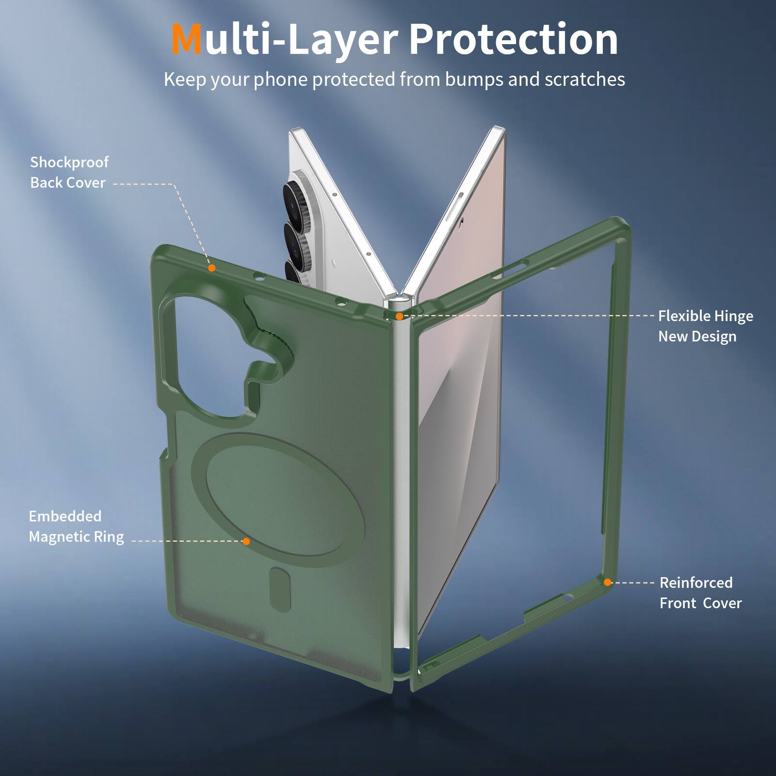 Multi-Layer Protection  
Keep your phone protected from bumps and scratches  

- Shockproof Back Cover  
- Flexible Hinge New Design  
- Embedded Magnetic Ring  
- Reinforced Front Cover