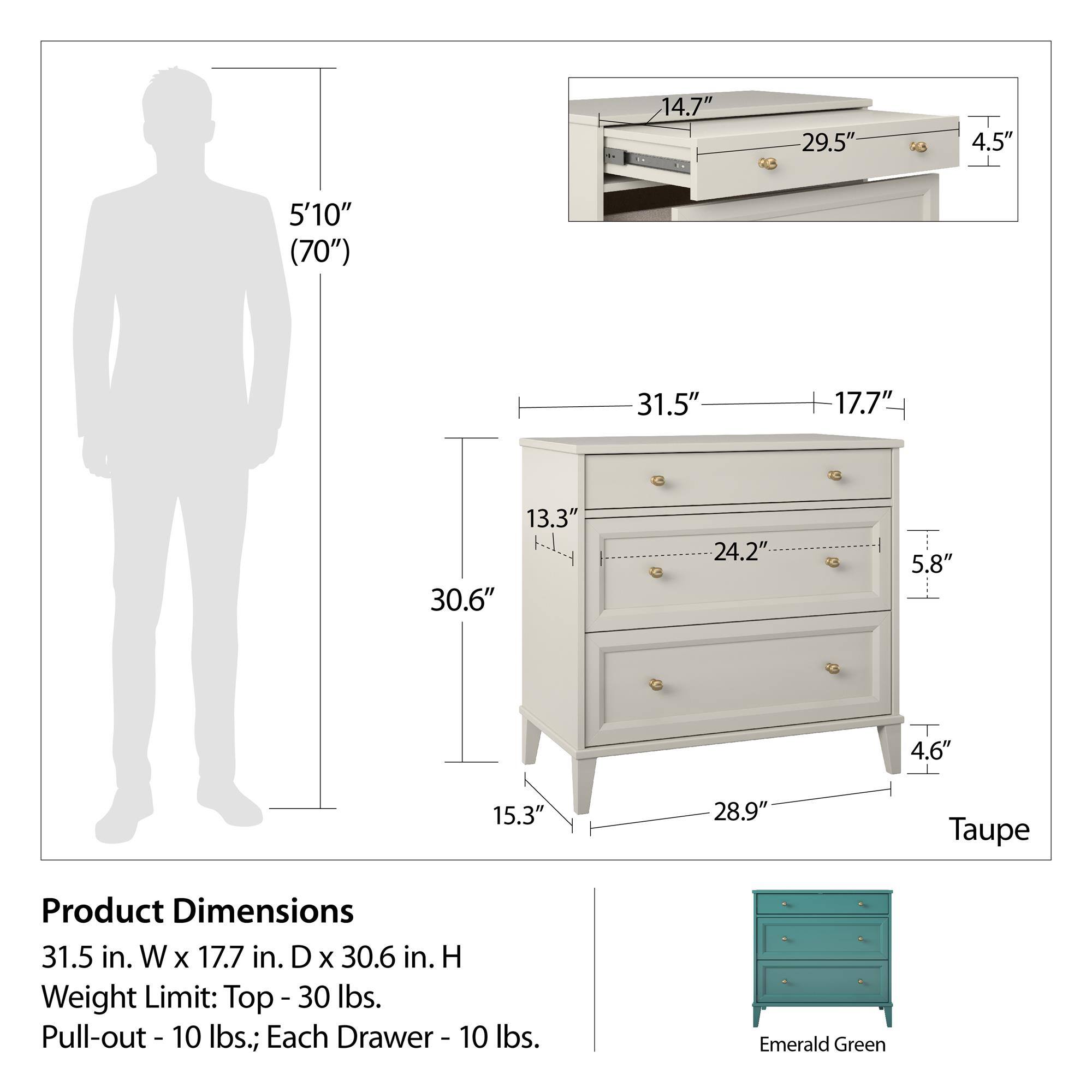 Product Dimensions:  
31.5 in. W x 17.7 in. D x 30.6 in. H  

Weight Limit:  
Top - 30 lbs.  
Pull-out - 10 lbs.  
Each Drawer - 10 lbs.  

Colors:  
Taupe  
Emerald Green