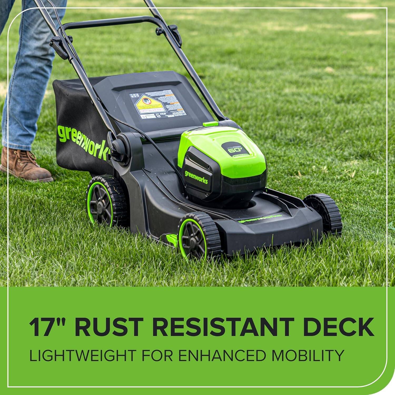20 greenworks T greenworks A 60 17" RUST RESISTANT DECK LIGHTWEIGHT FOR ENHANCED MOBILITY