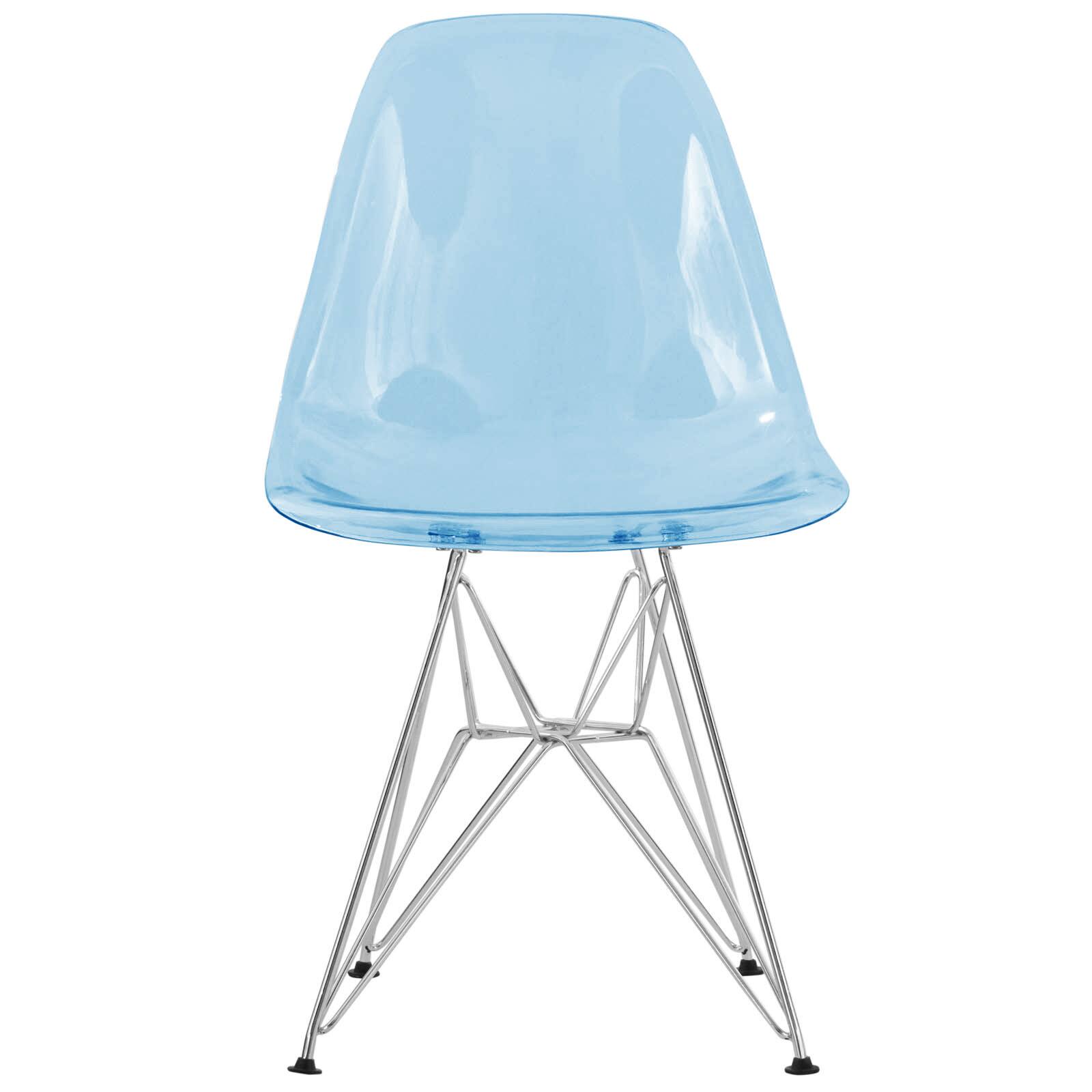 Back. LeisureMod - Cresco 4-Pieces Ergonomic Acrylic Dining Chair with Chrome Eiffel Base for Home or Office - Transparent Blue.