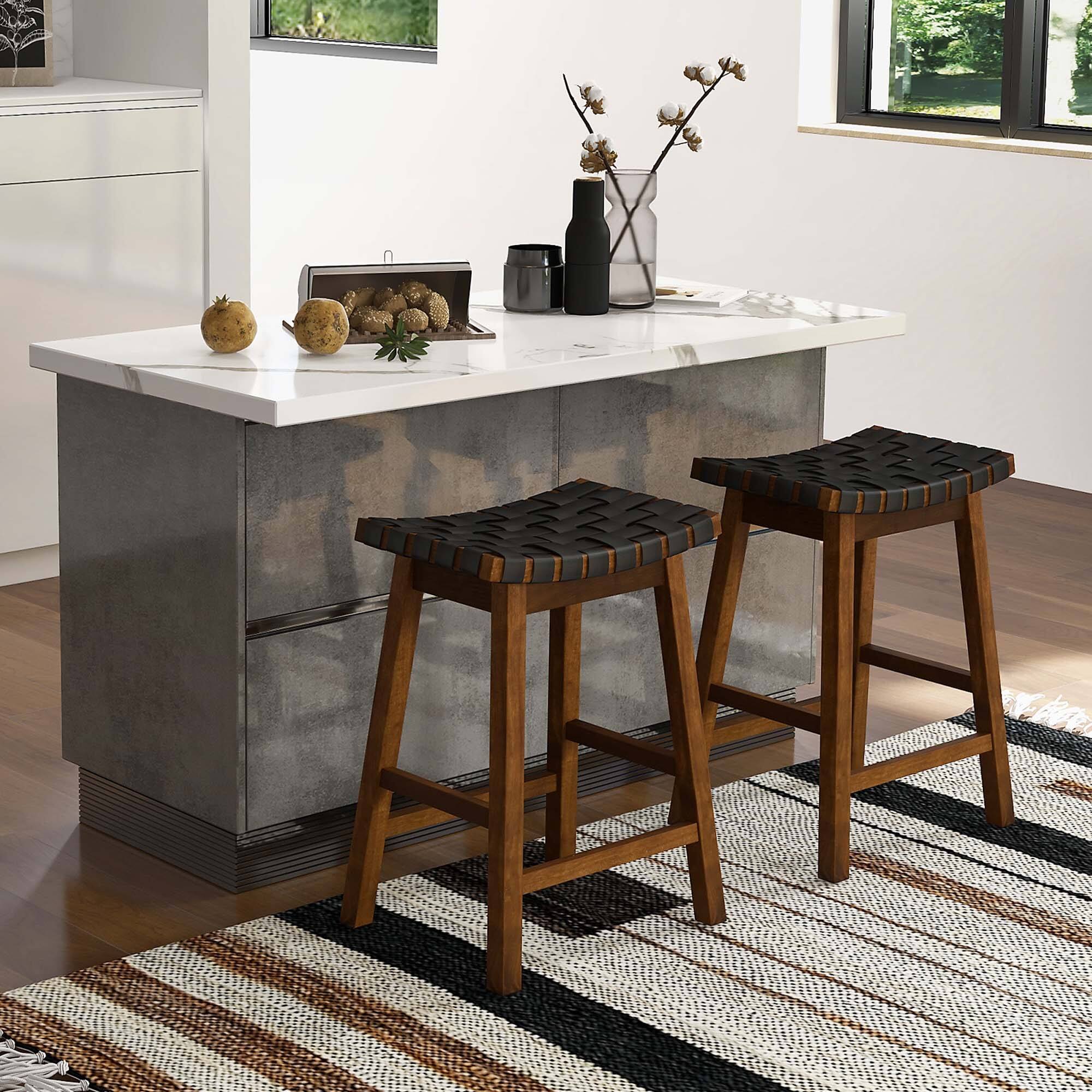 Alt View 2. Costway - Woven Saddle Stools Set of 2 25.5" Faux PU Leather Counter Height Kitchen Stool - Black.