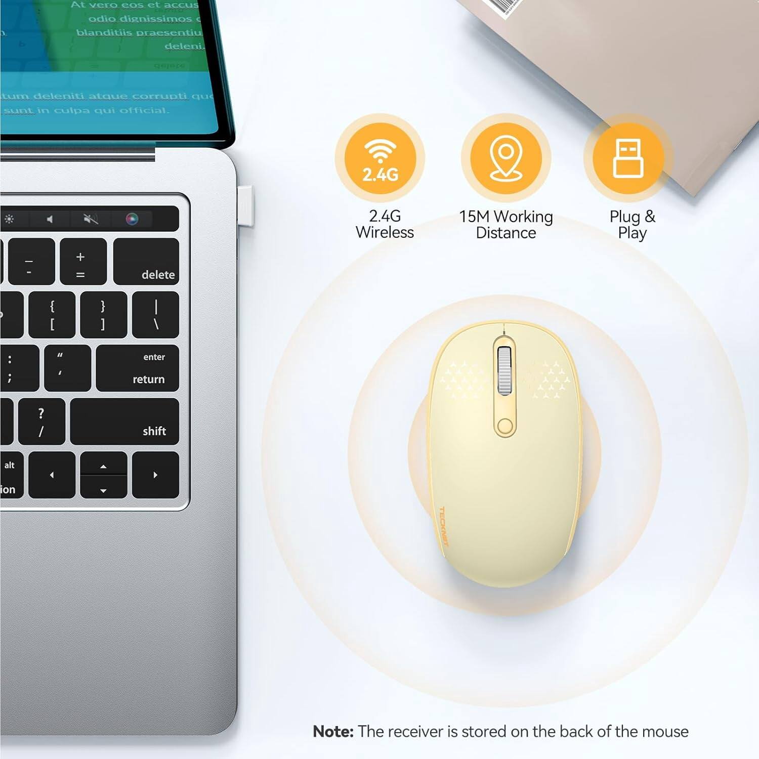 At vero eos et accus
b
odio dignissimos ( blanditiis praesentiu deleni.
tum deleniti atque corrupti qu sunt in culpa qui official.
2.4G
Wireless
15M Working Distance
Plug & Play
Note: The receiver is stored on the back of the mouse