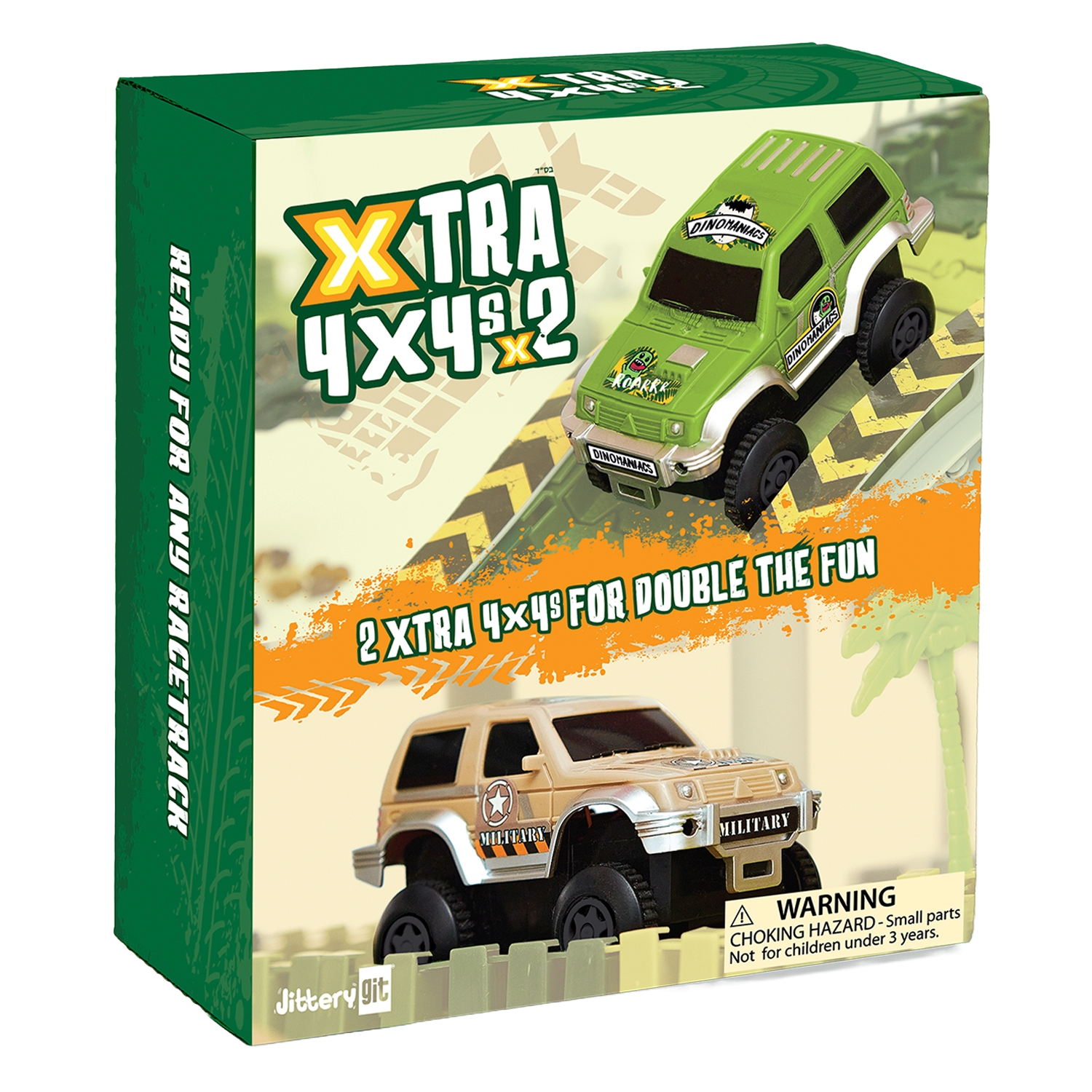 4x4a2 TRA 2 TO TRA DINOMANIACS X FOR READY 4X442 X ROARRE Will SPIVISIONIONIO DINOMANIACS ANY FOR DOOBLE THE FUN 2 XTRA yxys RACETRACK MILITARY MILITARY WARNING HAZARD-Small Small parts CHOKING children under 3 years. Not for Jittery git