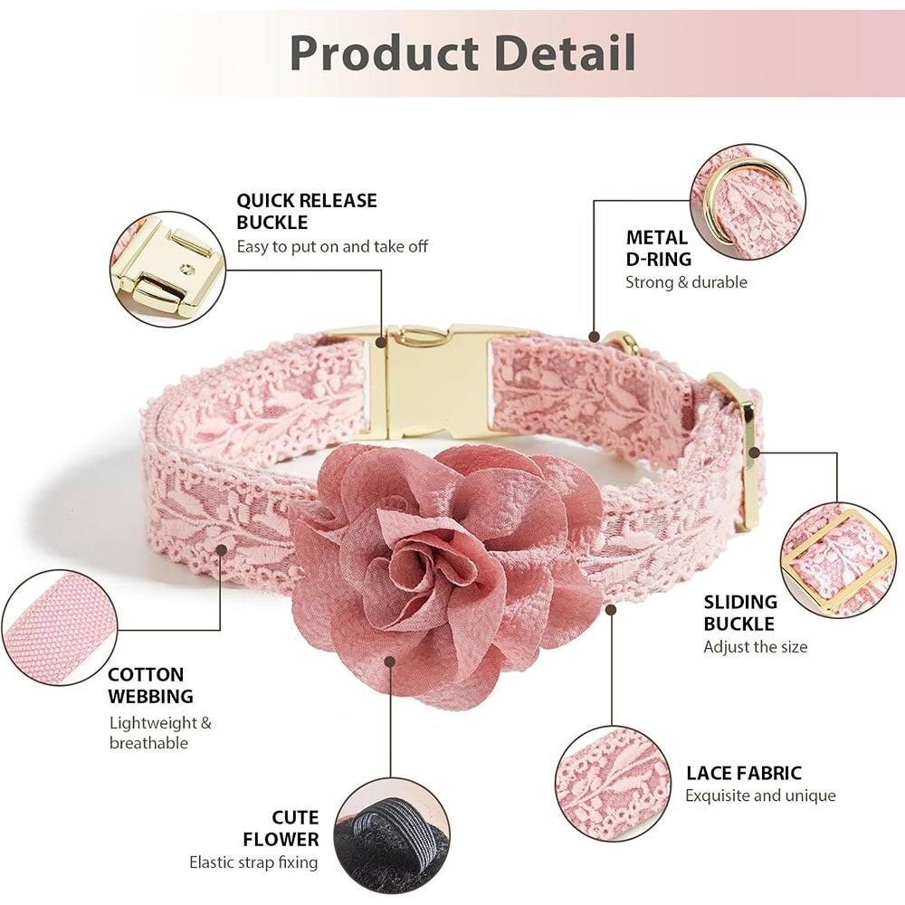 Product Detail

- QUICK RELEASE BUCKLE
  - Easy to put on and take off

- METAL D-RING
  - Strong & durable

- COTTON WEBBING
  - Lightweight & breathable

- SLIDING BUCKLE
  - Adjust the size

- CUTE FLOWER
  - Elastic strap fixing

- LACE FABRIC
  - Exquisite and unique