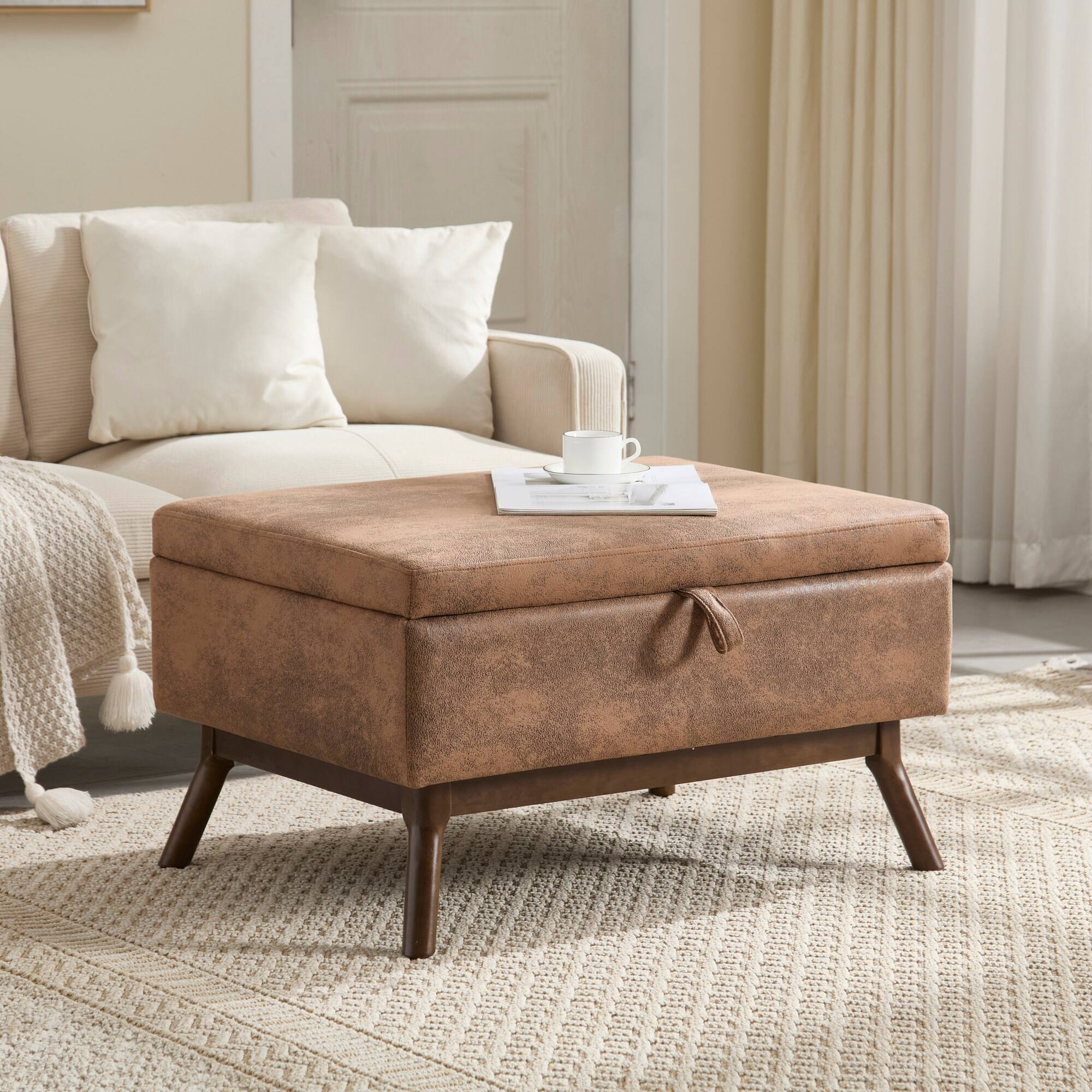 Alt View 5. GOODSILO - Mid-Century Modern Square Storage Ottoman Bench with Lift-Top Lid and Child Safety Hinge - Coffee.