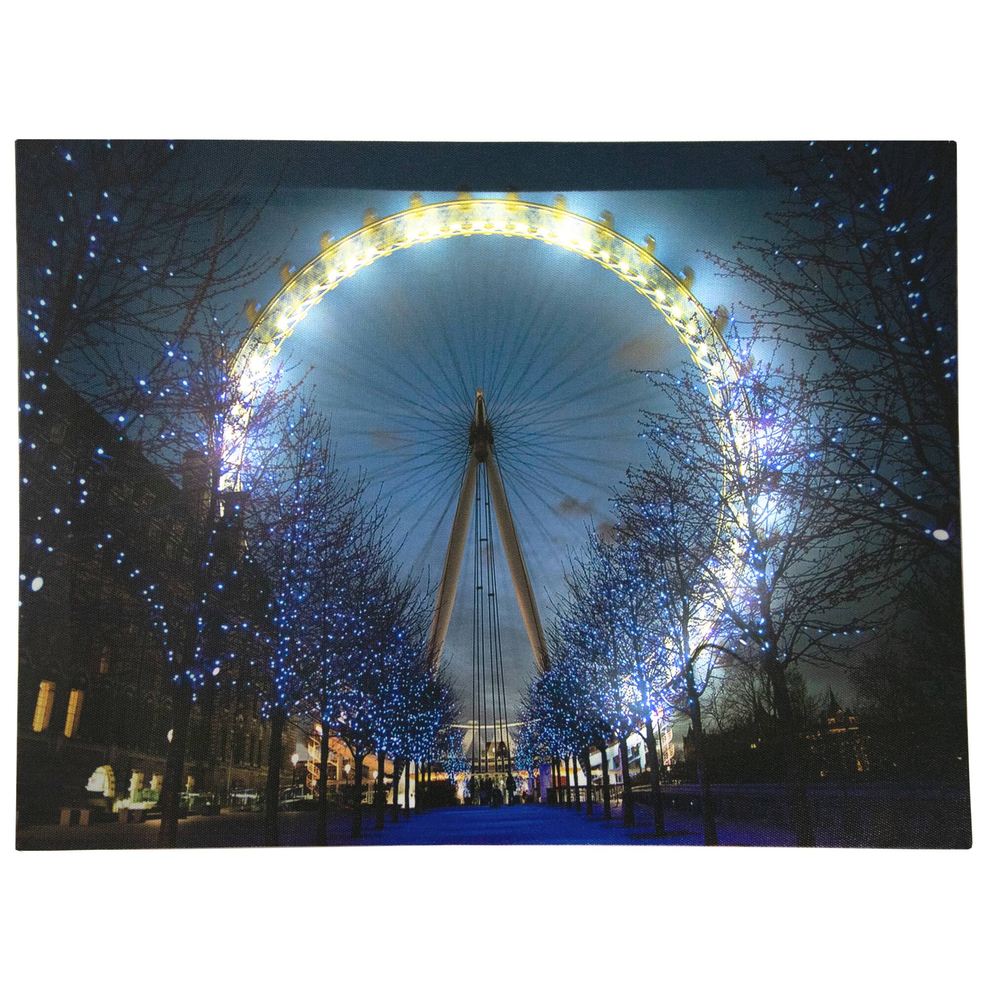 Front. Northlight - LED Lighted 'The London Eye' Giant Ferris Wheel Canvas Wall Art 11.75" x 15.75" - Blue.