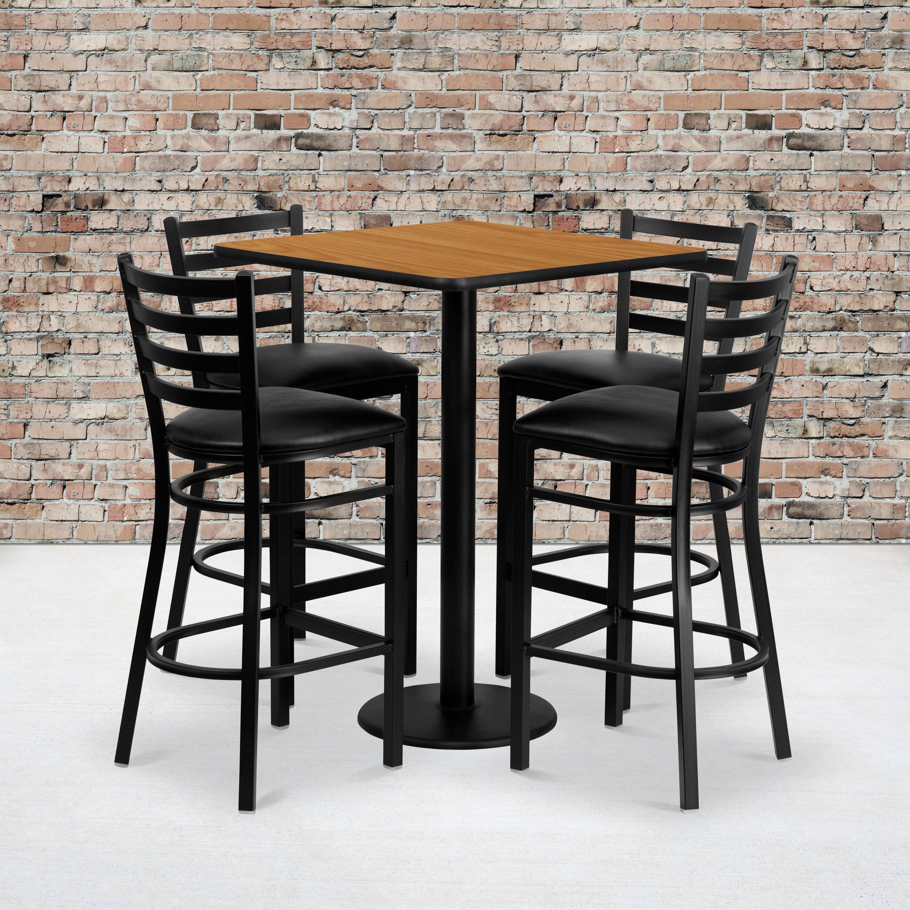 Alt View 1. Emma + Oliver - 30" Square Laminate Table Set with 4 Ladder Back Metal Barstools - Natural Top/Black Vinyl Seat.