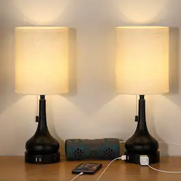 Oumilen - Bedside Lamps Set of 2 with Dual USB Ports & AC Outlet - Pull Chain Table Lamps for Bedroom Nightstand Living Room