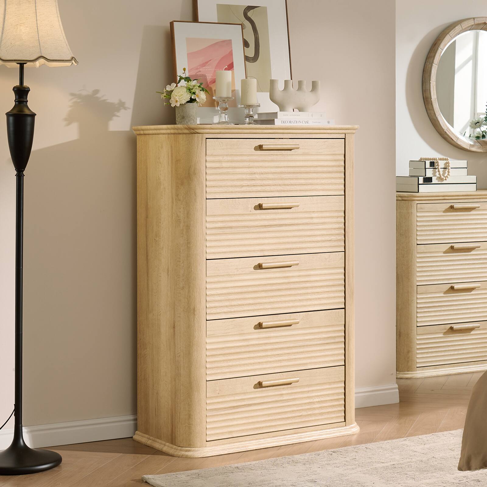 Left. Forest'nSky - Oak Wood 5 drawer 31.5 in. Wide Chest of Drawers with Curved Profile Design for Living Room - Oak.