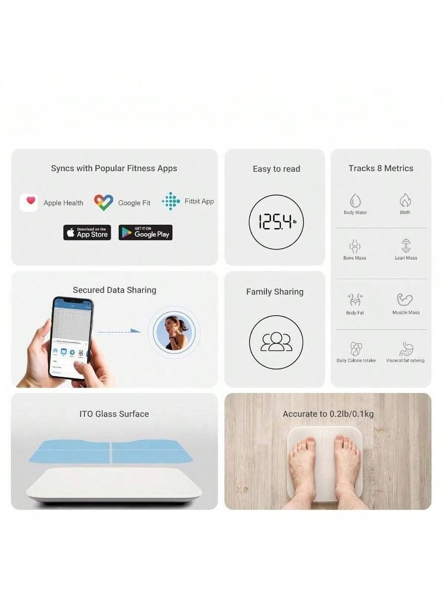 Sure, here is the corrected and grouped text from the image:

---

**Syncs with Popular Fitness Apps**

- Apple Health
- Google Fit
- Fitbit App

**Easy to read**

- 125.4 lb

**Tracks 8 Metrics**

- Body Water
- BMR
- Bone Mass
- Lean Mass
- Body Fat
- Muscle Mass
- Daily Calorie Intake
- Visceral Fat Rating

**Secured Data Sharing**

**Family Sharing**

**ITO Glass Surface**

**Accurate to 0.2lb/0.1kg**

---

**Download on**

- App Store
- Google Play

---