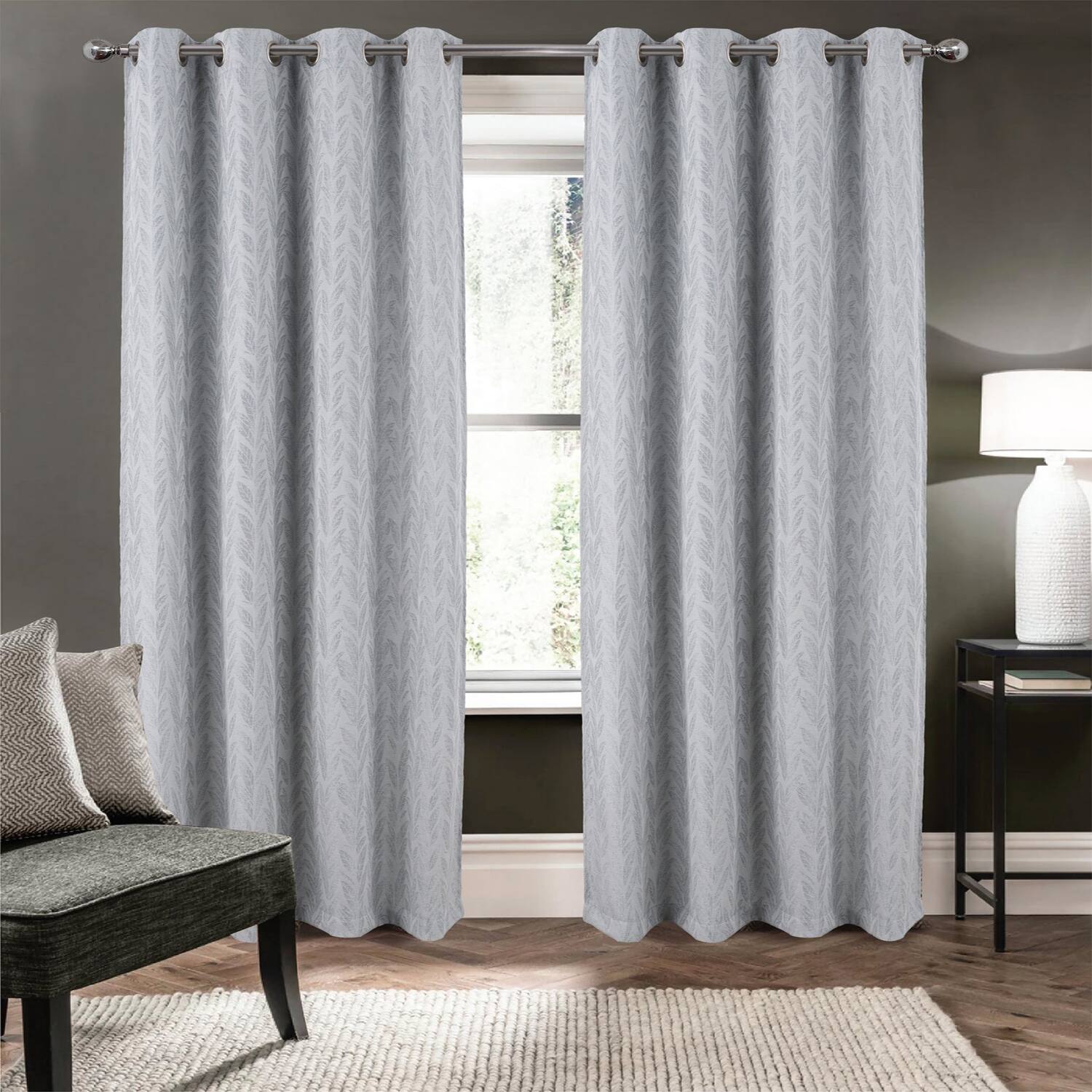 Angle. RT Designers Collection - RT Designers Collection 100% Polyester 270 GSM Reba Luxury Jacquard Blackout Grommet Curtain Panel 54" x 90" Grey - Grey.