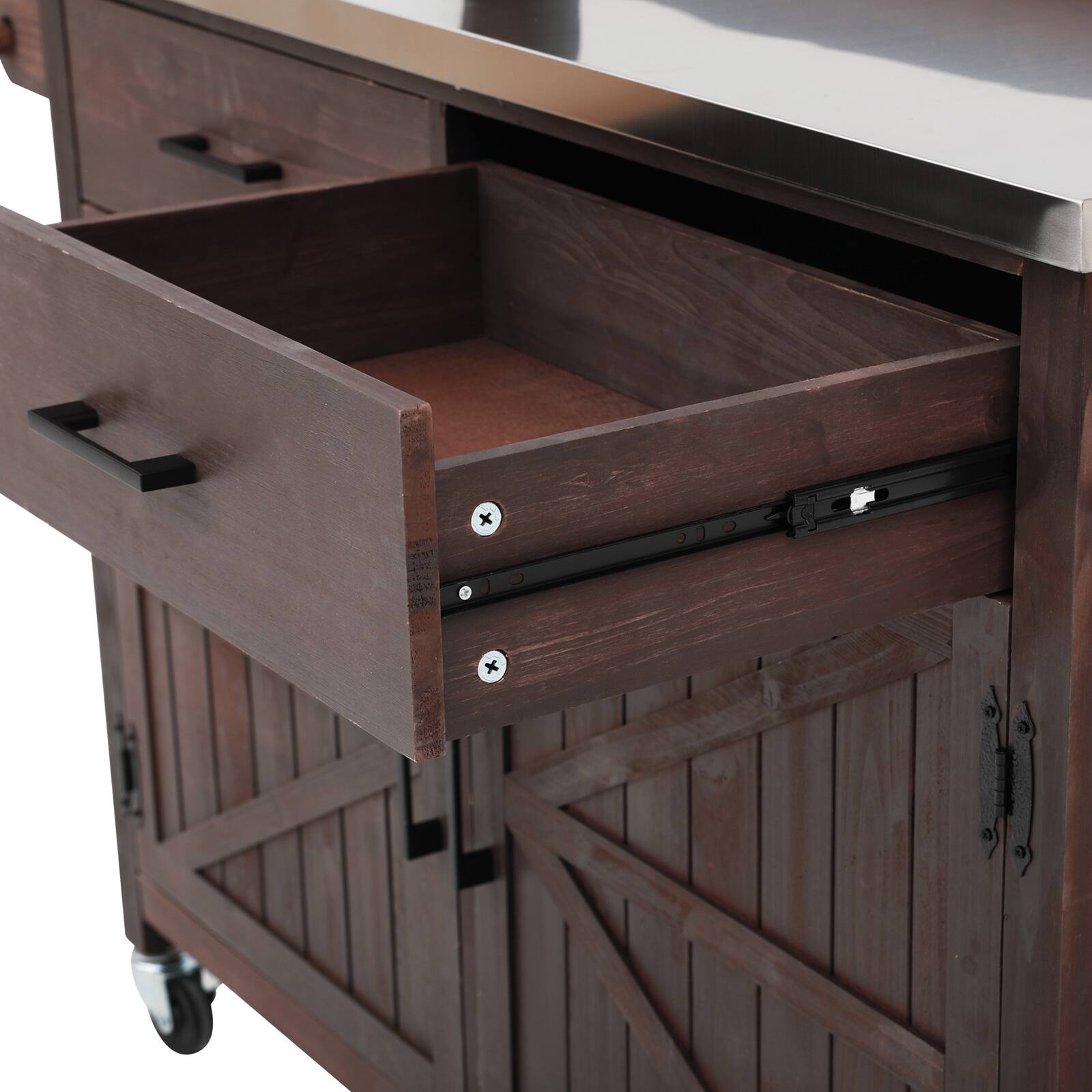 Alt View 4. Chateau Abodes - 54.1" Outdoor Kitchen Island with High Shelf, Stainless Steel Top & Storage Cabinet & Lockable Wheels - Brown.