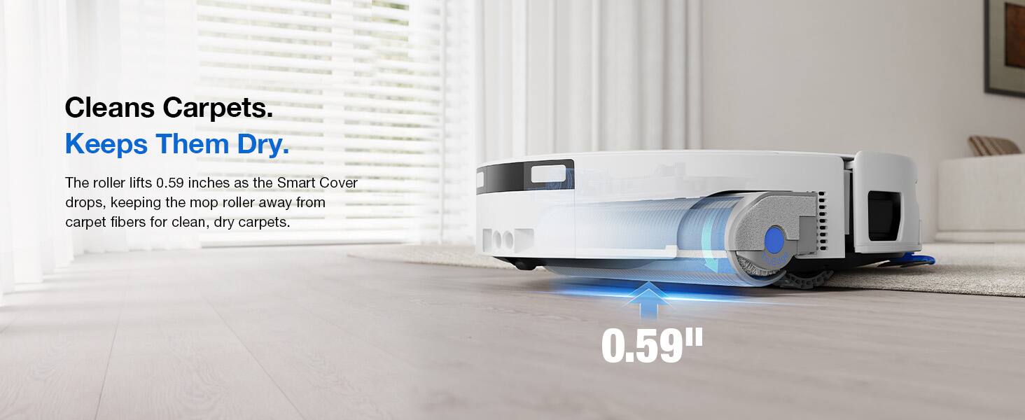 Cleans Carpets.  
Keeps Them Dry.  

The roller lifts 0.59 inches as the Smart Cover drops, keeping the mop roller away from carpet fibers for clean, dry carpets.  

0.59"