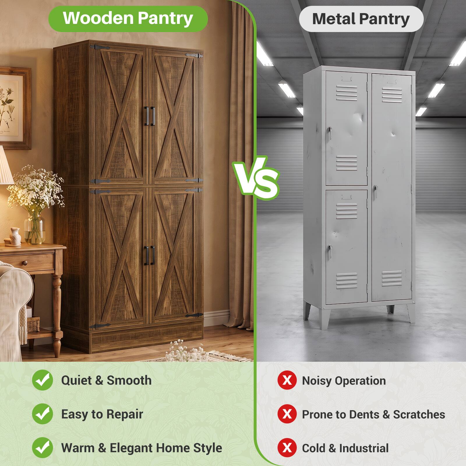 Wooden Pantry vs Metal Pantry

- Quiet & Smooth
- Easy to Repair
- Warm & Elegant Home Style

- Noisy Operation
- Prone to Dents & Scratches
- Cold & Industrial