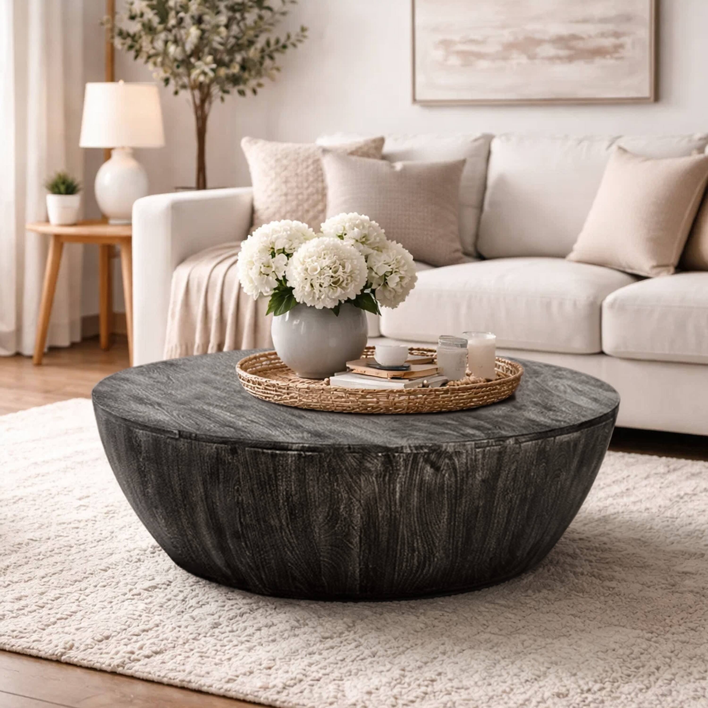 Alt View 8. Manhattan Lane - Arthur 36 Inch Farmhouse Style Handcrafted Mango Wood Coffee Table, Round Drum Shape - Sandblasted Black.