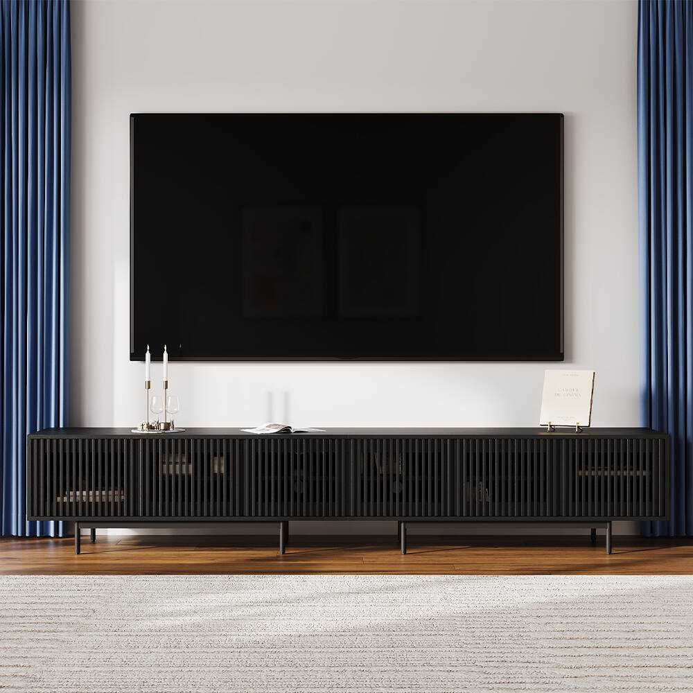 Angle. POVISON - 118.11"Mid-Century Modern TV Stand,Modern TV Console,Entertainment Center Media Console,with Openwork Iron Legs Black - Black.