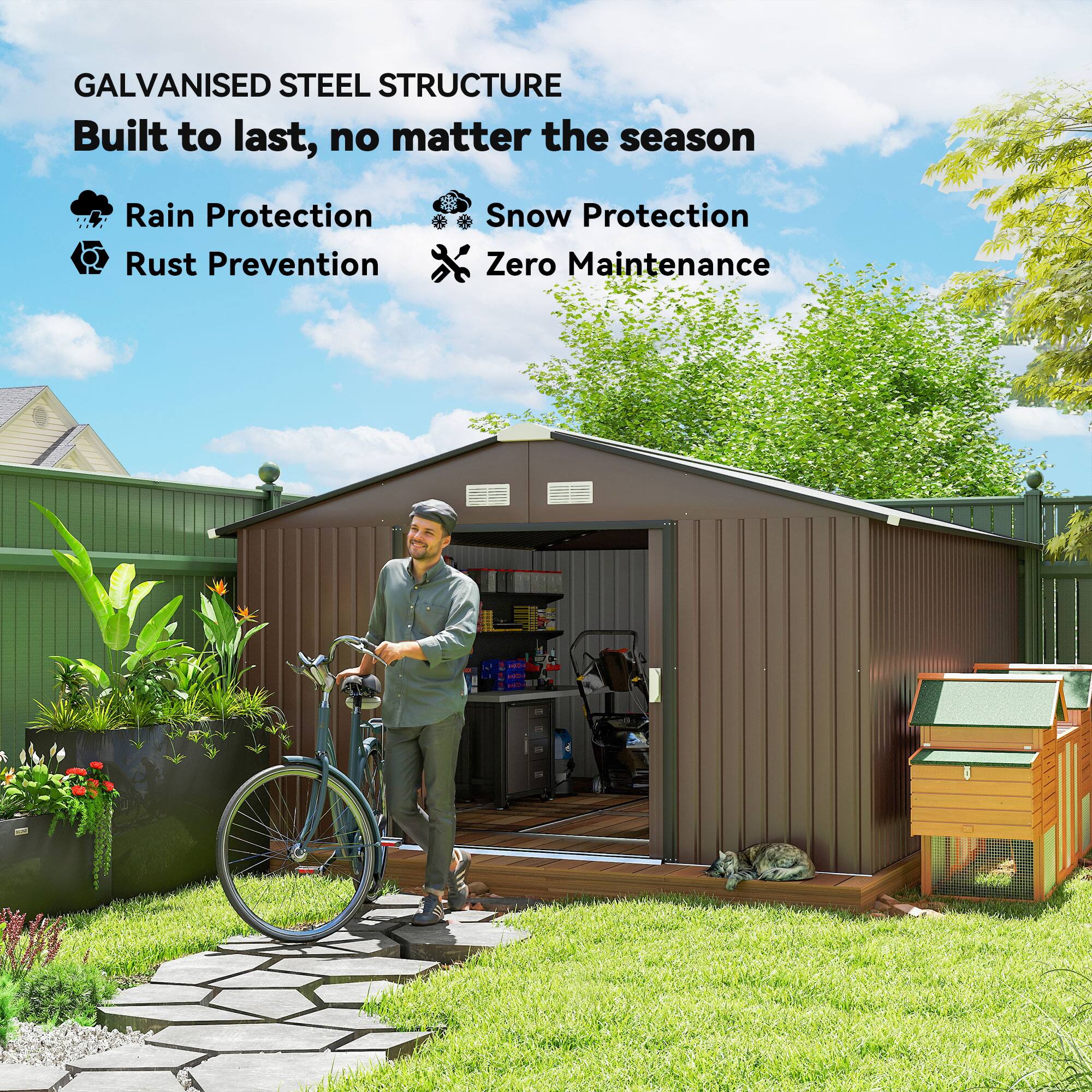 GALVANISED STEEL STRUCTURE  
Built to last, no matter the season  

- Rain Protection  
- Rust Prevention  
- Snow Protection  
- Zero Maintenance